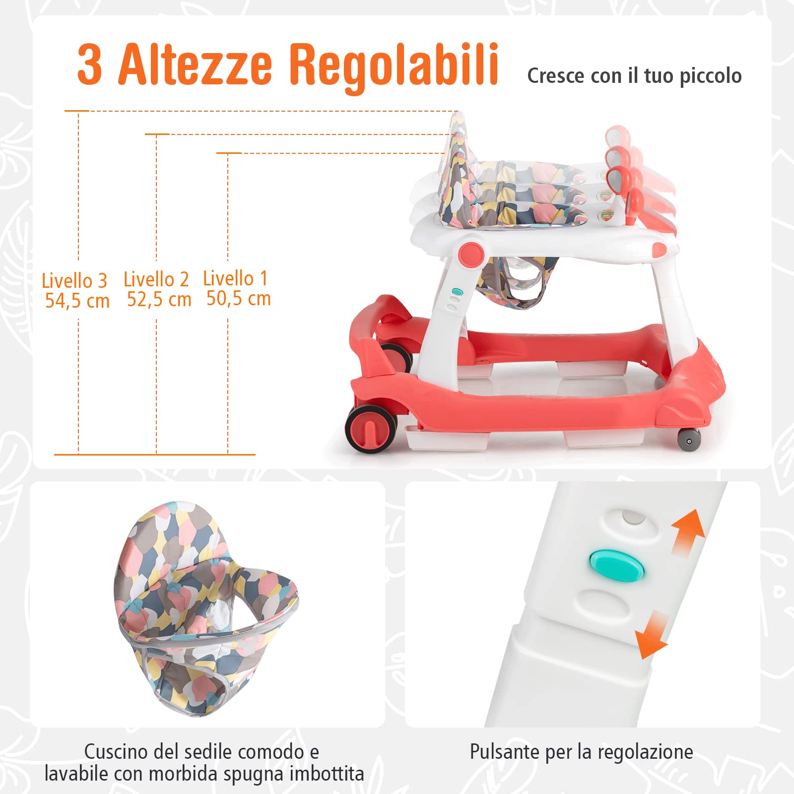 COSTWAY Girello per bambini 2 in 1, Girello con Altezza e Velocità Regolabili, Carillon con Luci e Cuscino Comodo, Primi Passi per Bambini 6-18 Mesi, Capacità di carico: 15 kg (Arancia)