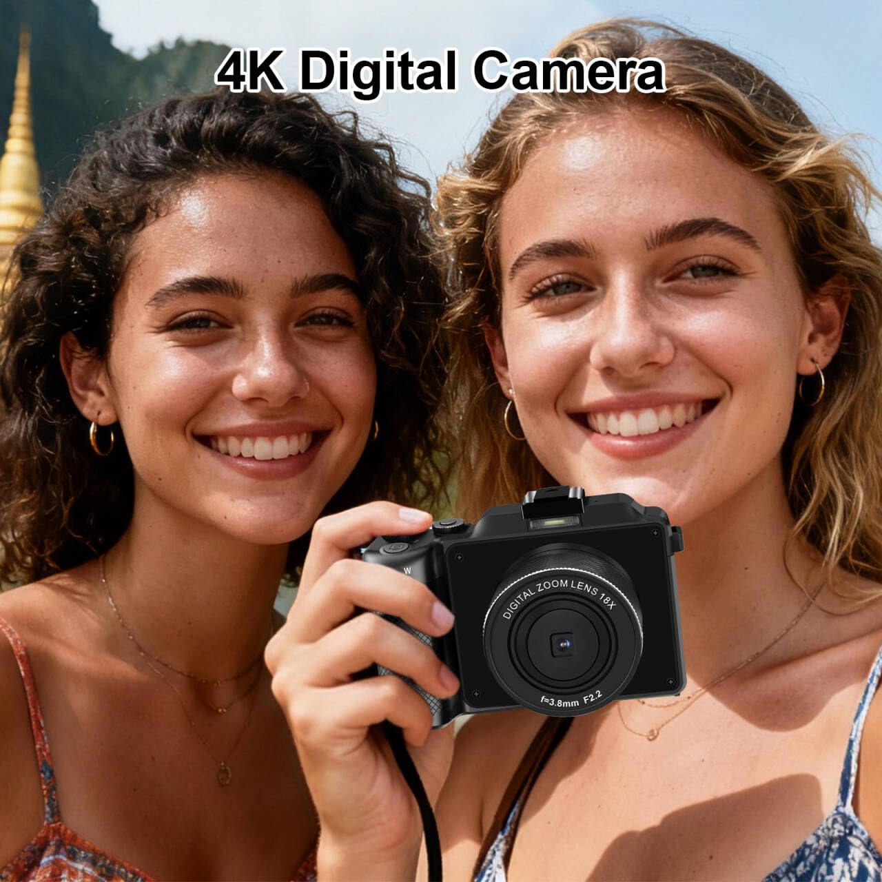Cámara digital 4K para fotografía con WiFi, 2 baterías, tarjeta TF de 32 G, cámara de vlogging, zoom digital de 18X, lente macro de enfoque automático, videocámara integrada con micrófono y altavoz