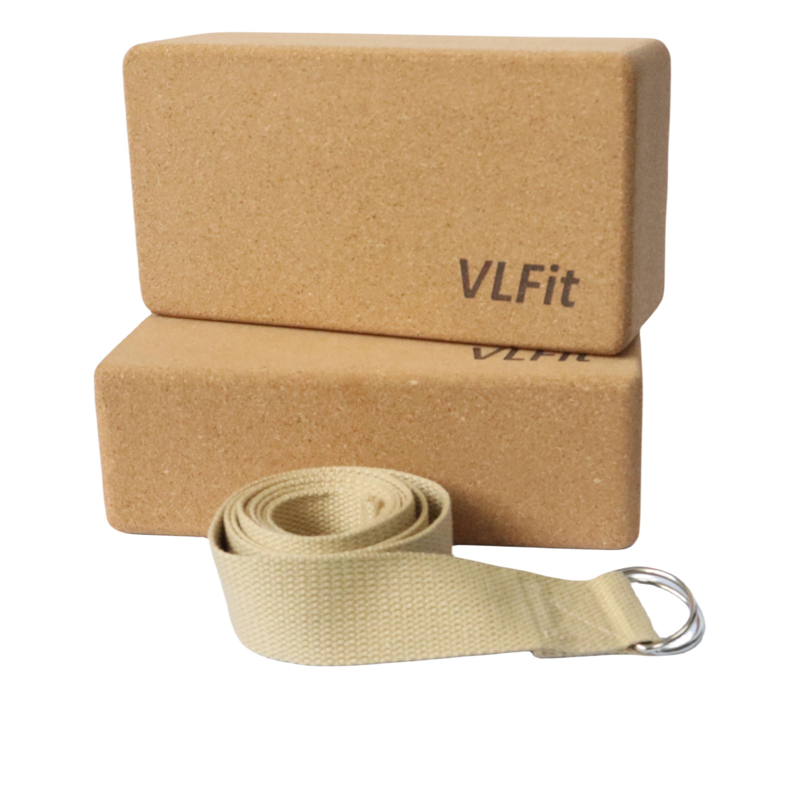 VLFit Lot de 2 blocs de yoga en liège - Avec sangle 00% coton - Respectueux de l'environnement - Fabriqué en liège naturel - Lot de 2 blocs et sangle et une sangle de yoga à boucle en D