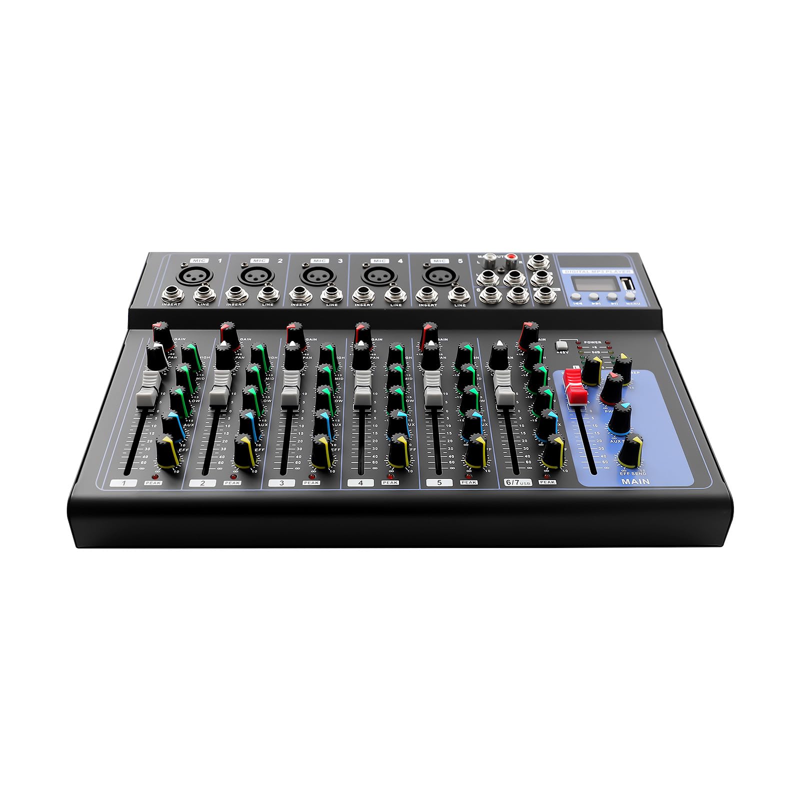 7-kanałowy mikser audio Bluetooth, mini mikser audio DJ-ski z 6 trybami muzyki, na festiwale muzyczne, występy sceniczne i transmisje na żywo