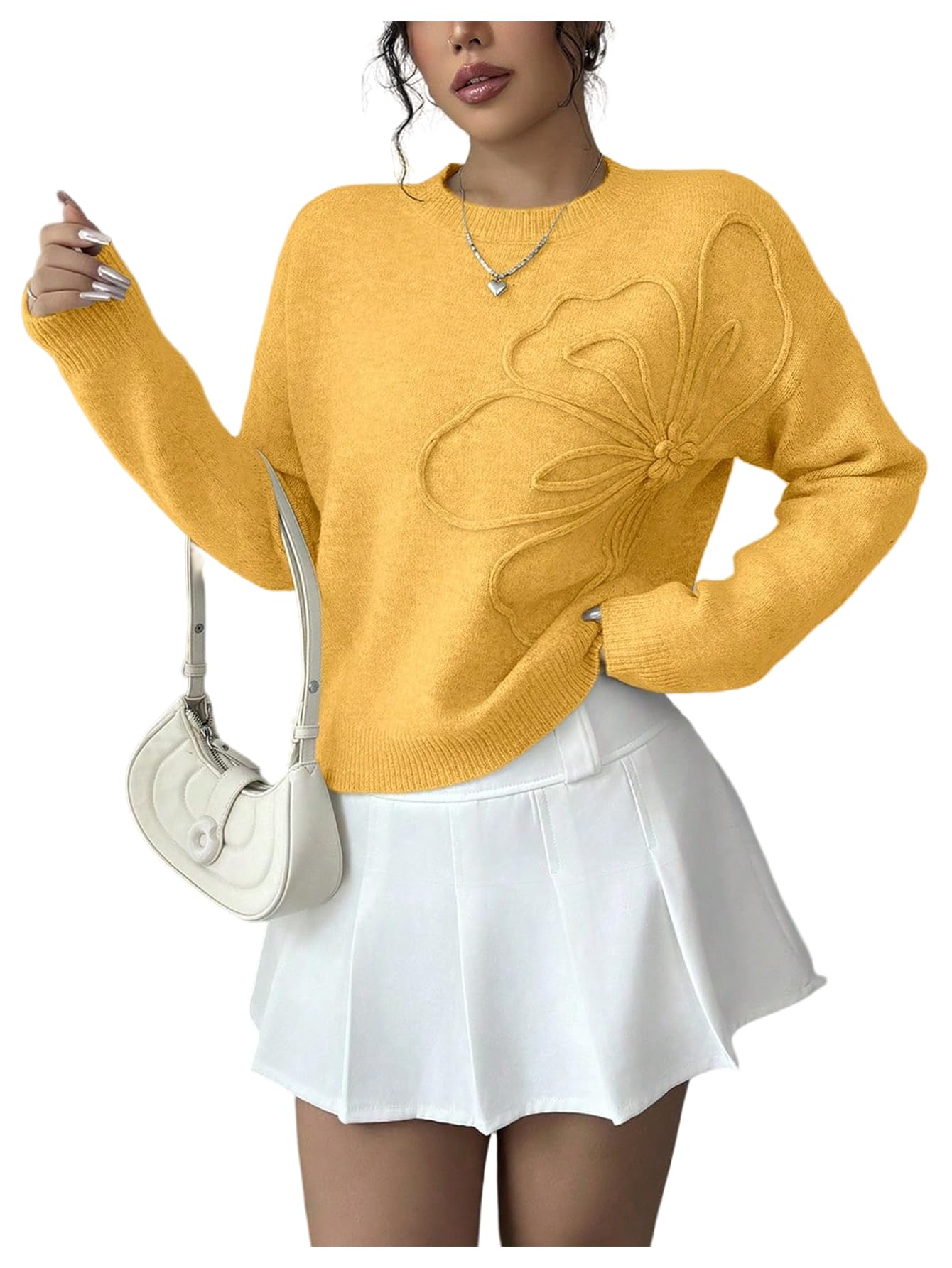 RoseSeek Women's 3D Floral Appliques Sweaters Long Sleeve Knit Tops
