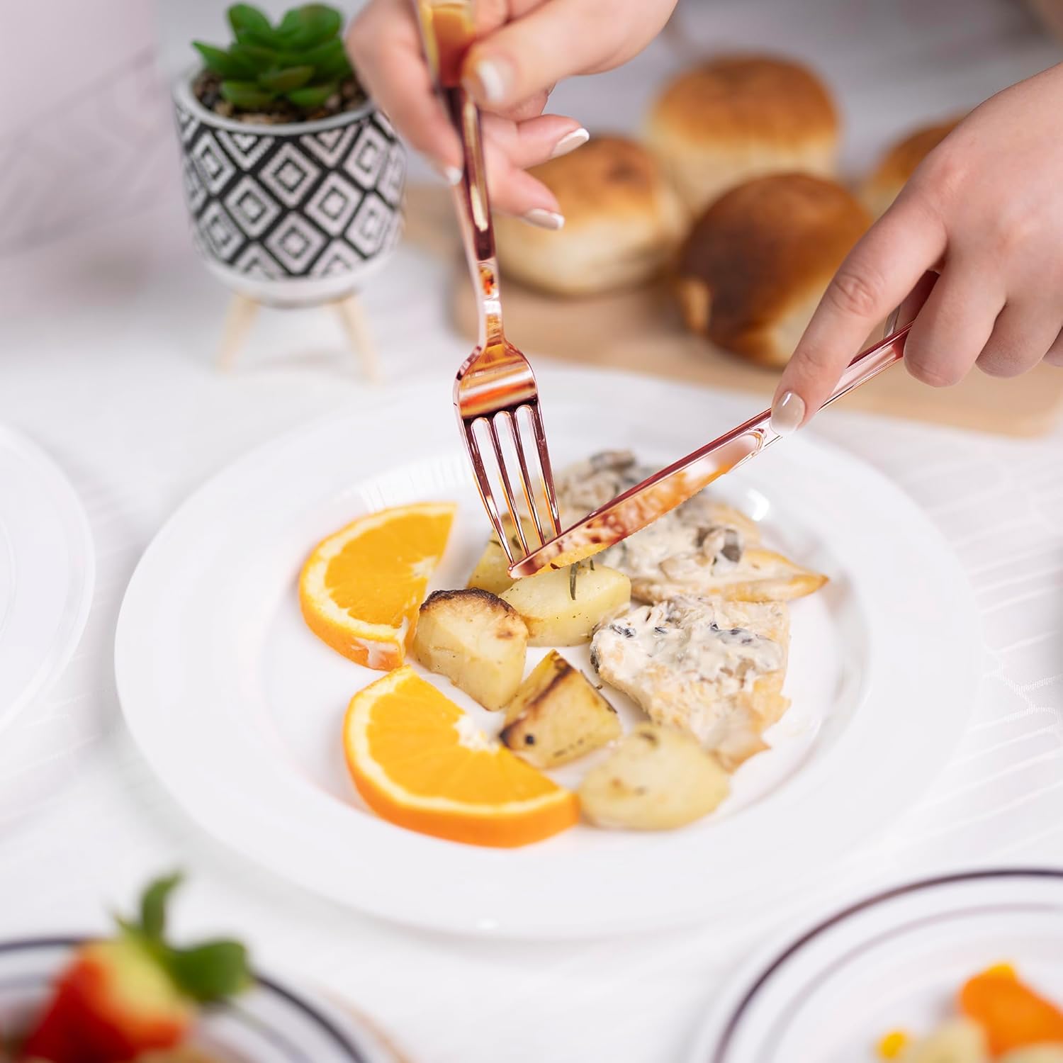 SETUP [300 Count] Disposable Silverware, Rose Gold Combo Cutlery - 100 Forks, 100 Spoons, 100 Knives - Heavy Duty, and Durable Rose Gold Plastic Silverware Set Great for Parties, Events, Everyday use