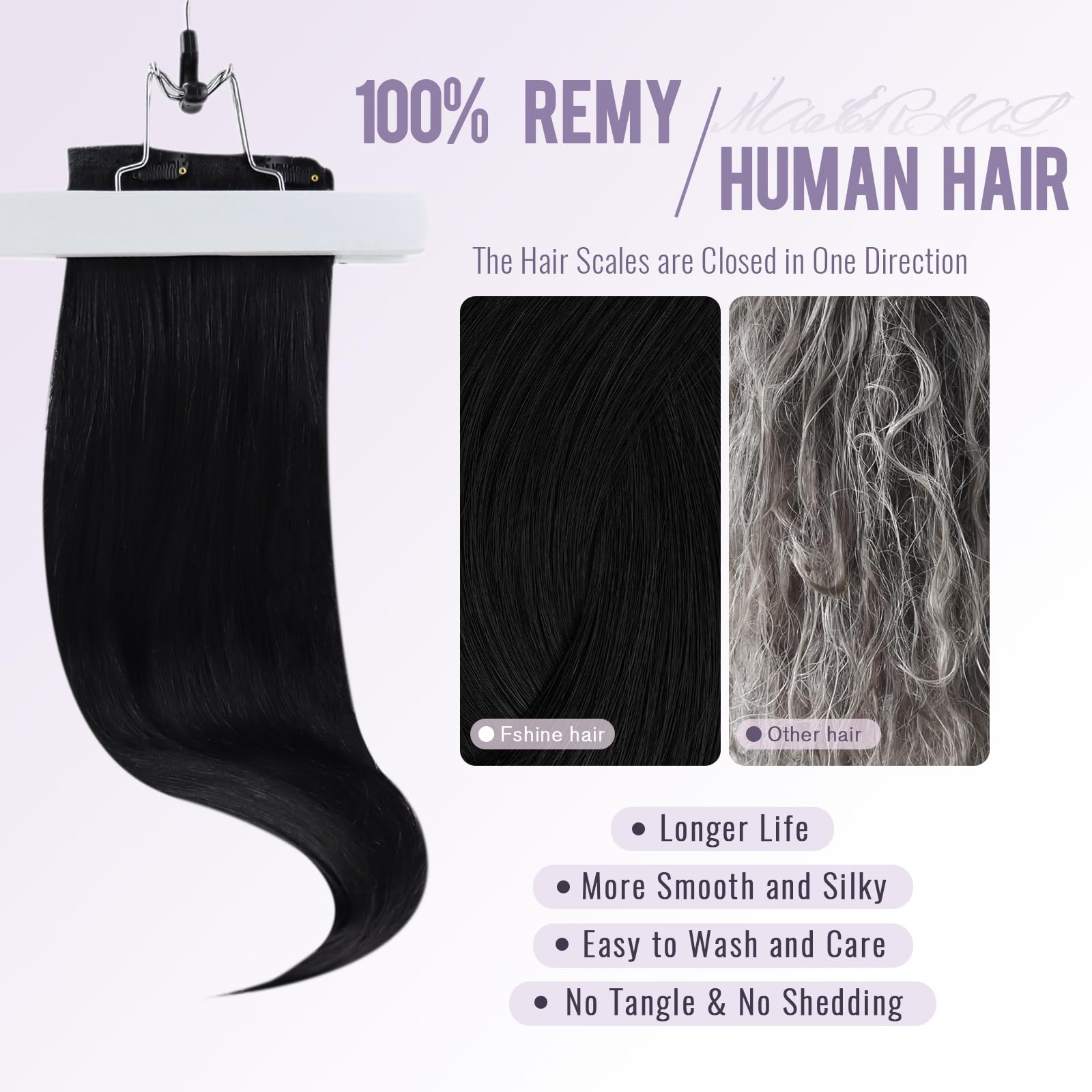 Fshine Clip Extension Capelli Veri 120g 35.5cm Extension Clip in Capelli Neri Extension Lisci Capelli Colore 1 Hair Extensions 7 Pezzi Double Weft Clip in Human Hair Extension - 5