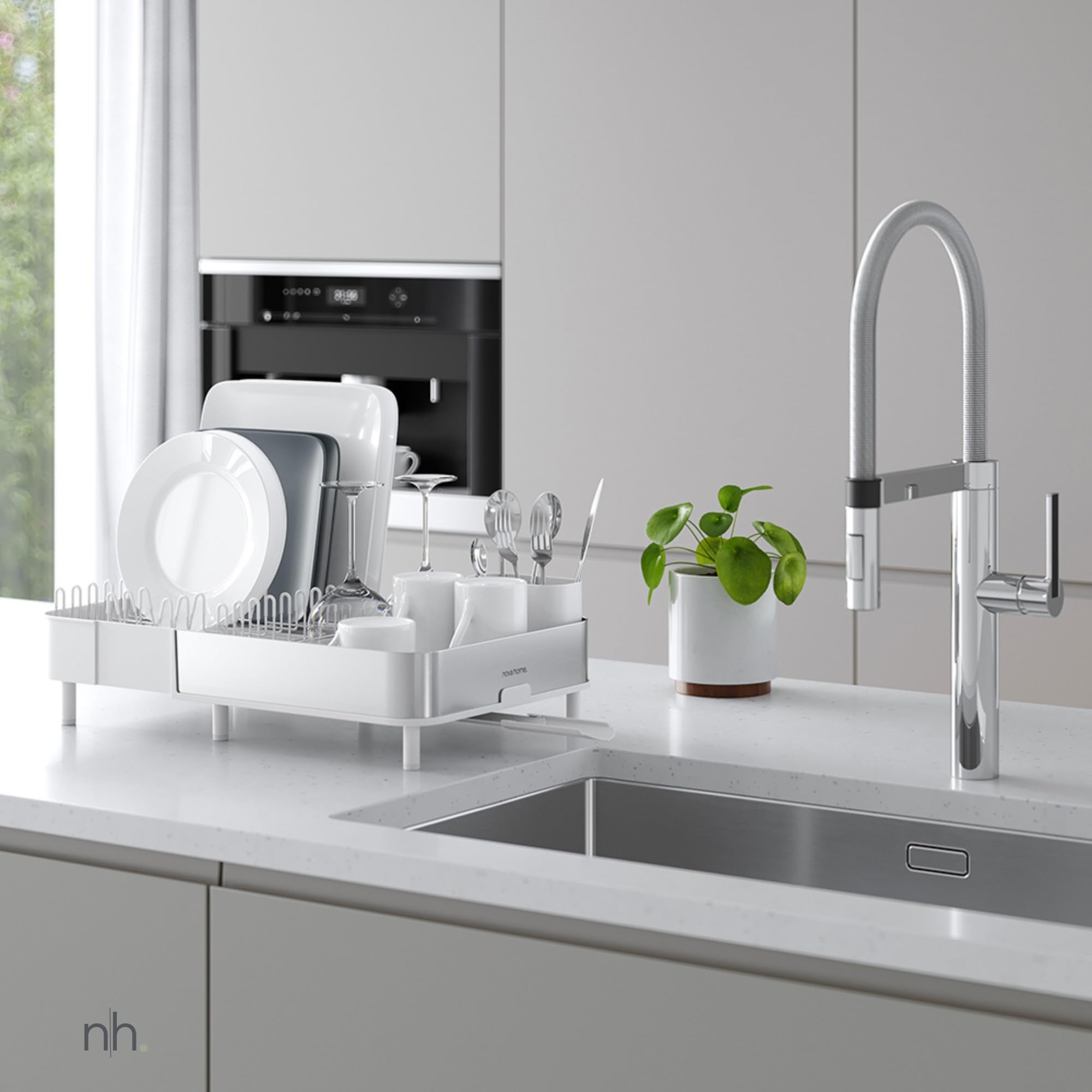Égouttoir à Vaisselle Extensible INOX pour Évier, Blanc | Égouttoir vaisselle inox extensible 40,7-52 cm, bec d'évacuation pivotant, grande capacité, porte-couverts amovible