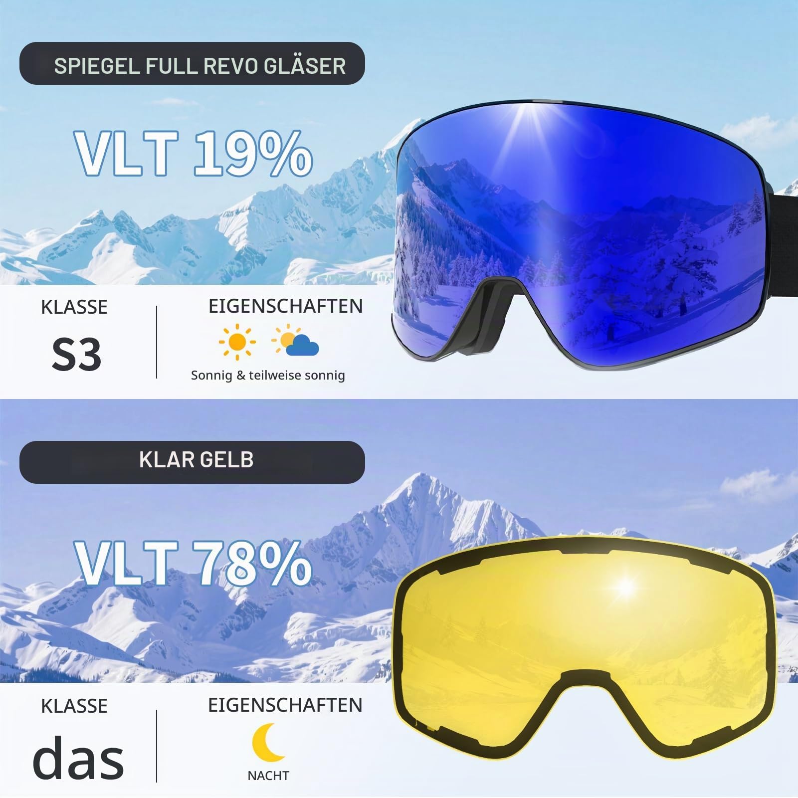 Skibrille für Herren Damen,YH212 Magnetische Snowboardbrille Anti-Beschlag OTG UV-Schutz Skibrille Schneebrille für Skifahren Wintersport