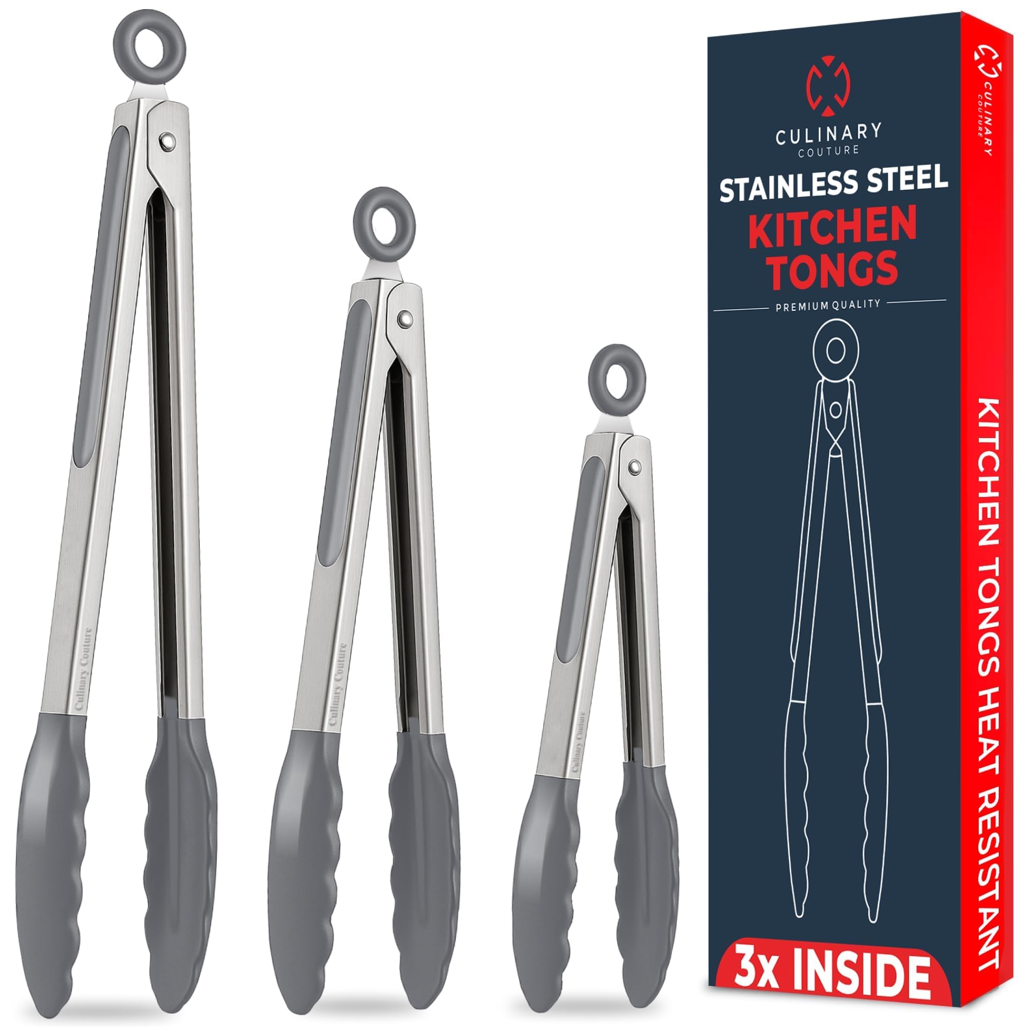 Pinzas De Cocina De Silicona Gris - Juego De 3 Pinzas De Bloqueo De Cocina- 18, 23, 30,5 CM - Para Parrilla De Barbacoa, Carne De Ensalada De Verduras | Acero Inoxidable Con Puntas De Silicona