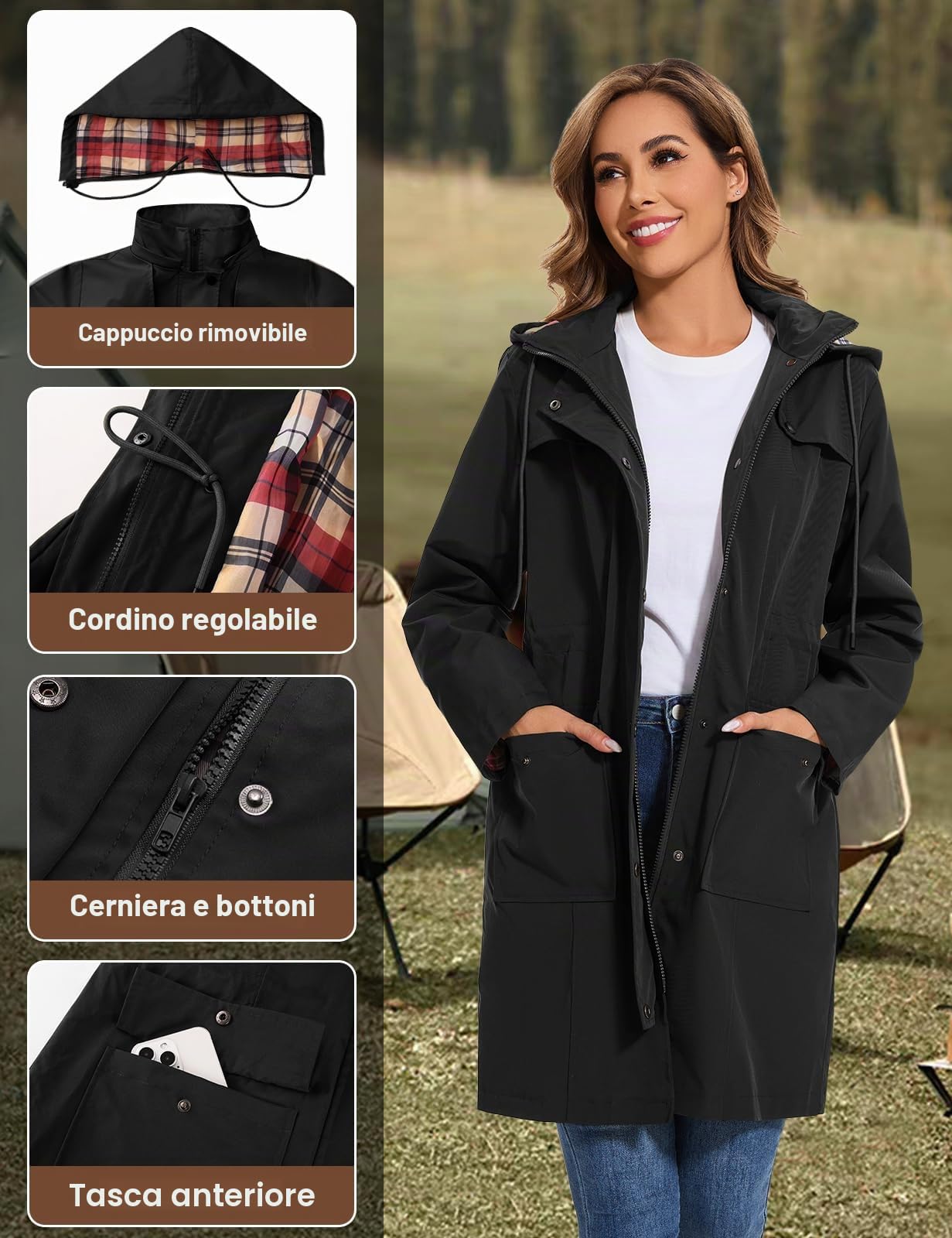 heekpek Giacca Impermeabile Donna Antipioggia con Cappuccio Lungo Trench Giubbino Leggero Giacca Vento Cappotto Impermeabile per Primavera e Autunnale