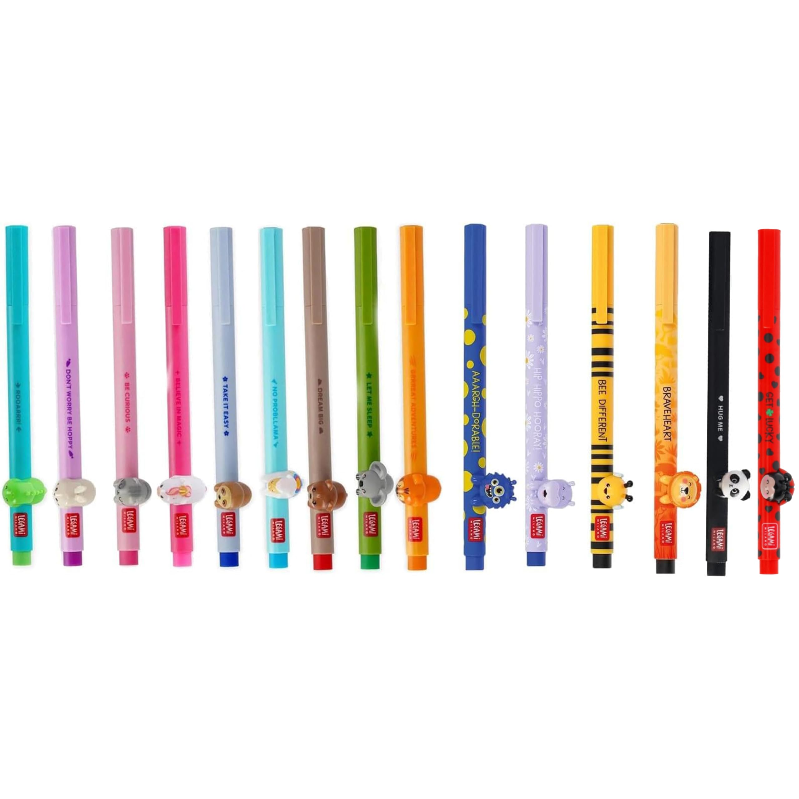 LEGAMI – Stylo gel – Amis mignons, lot de 15 avec coffret cadeau exclusif Abeille, Lion, hippopotame, monstre, panda, lama, licorne, lapin, tigre, koala, chat, ours en peluche, paresseux, coccinelle