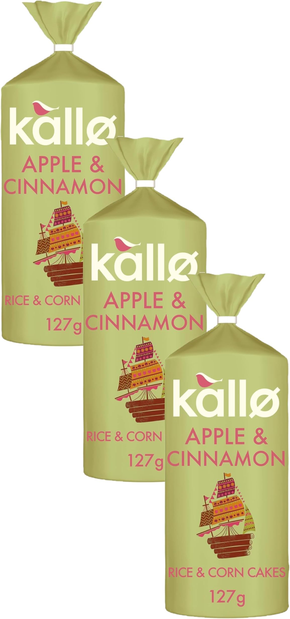 Kallo Apple & Cinnamon Wholegrain Rice & Corn Cakes, 127 g (Pack of 3)