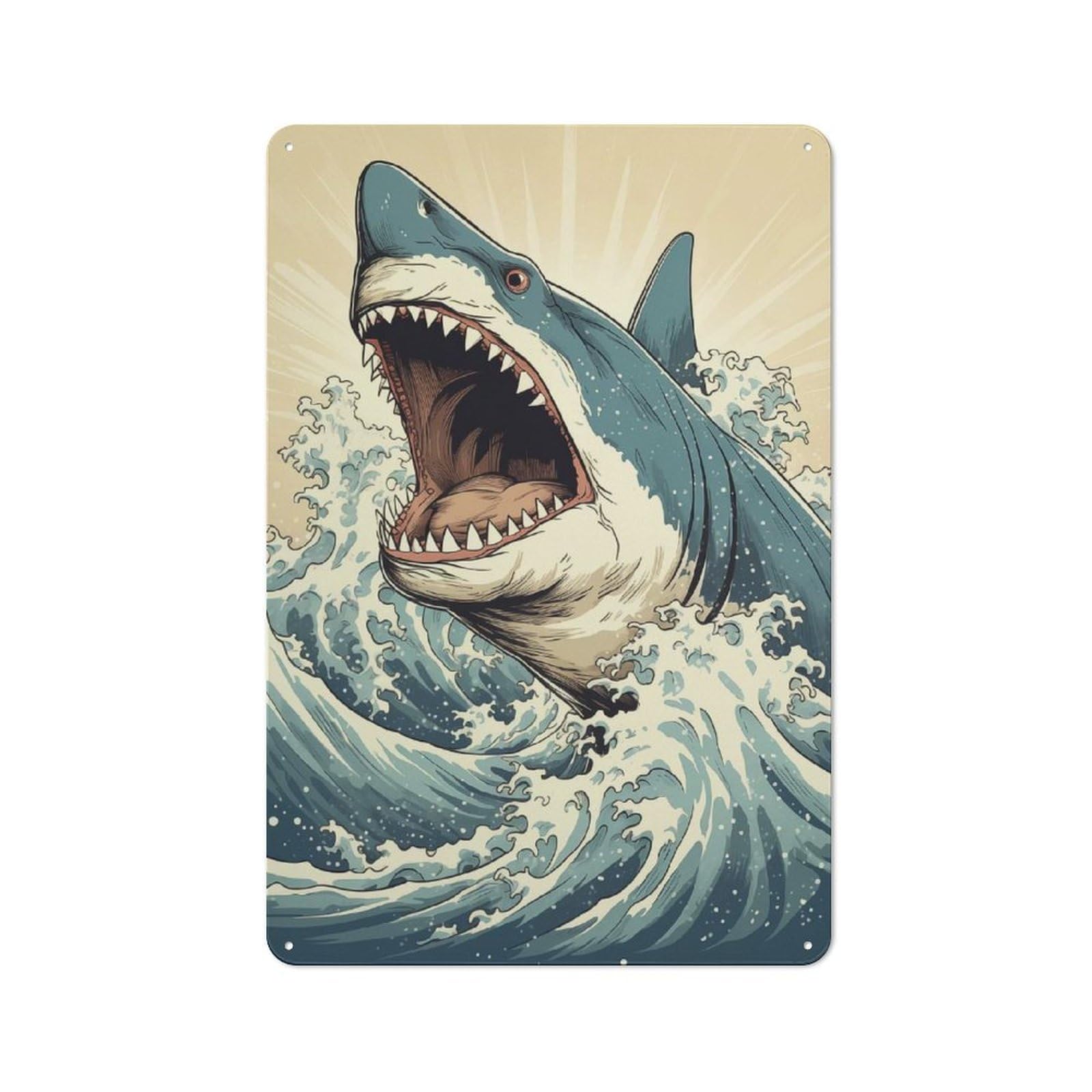 Junmoney Shark Japan Great Wave Retro Kitchen Metal Sign 30X20cm Featuring Bistro Wall Plaque For Restaurant, Kitchen, Counter Or Breakfast Nook