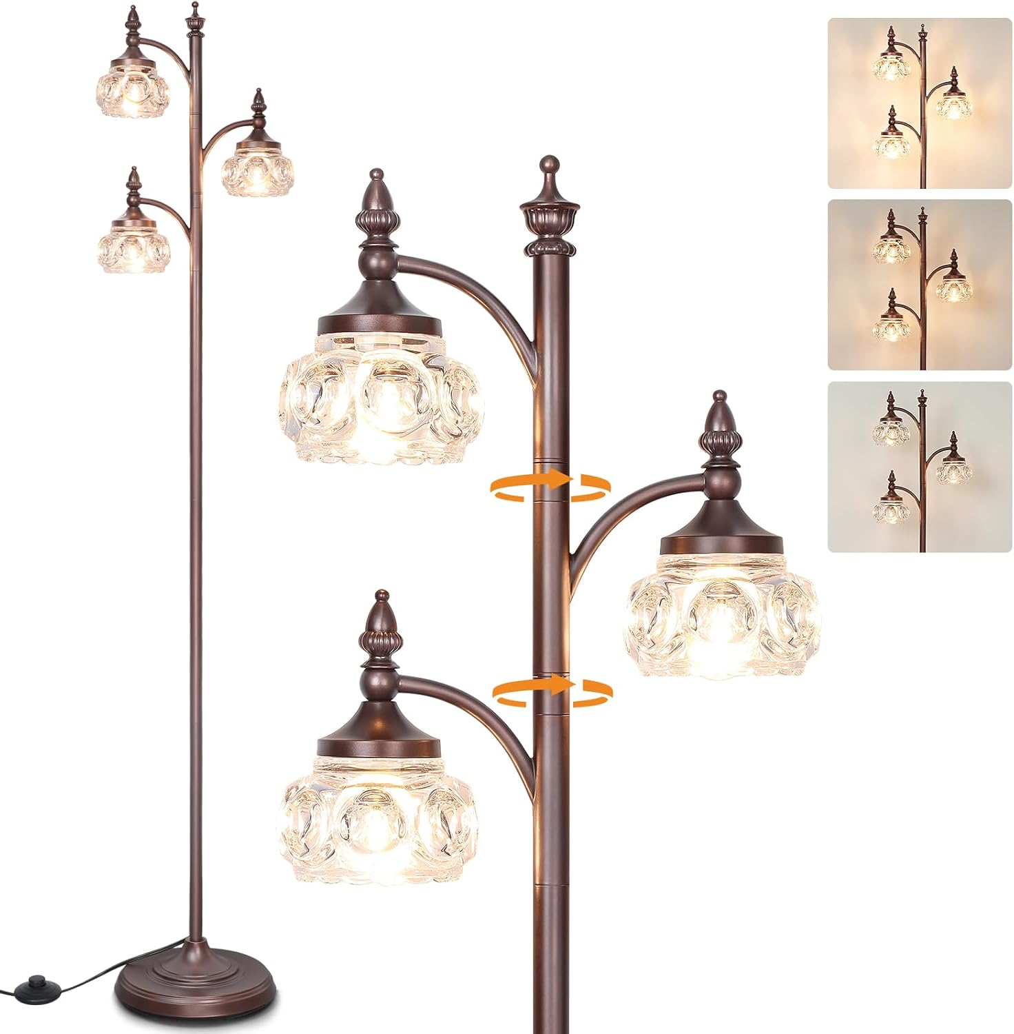 Brown Glass Floor Lamps for Living Room 66.5'' Standing Lamp with 3 Brightness Lights Vintage Mid Century Modern Pole Bronze Tree Lamp for Bedroom Office(3LED Bulbs Included)
