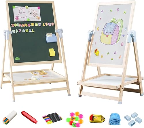 Adena Montessori Caballete de arte para niños, caballete de madera ajustable 2 en 1 y mesa de juguetes, muebles de aprendizaje Montessori para niños