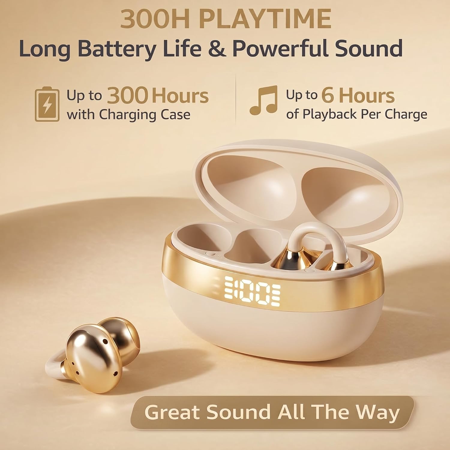 Wireless Bluetooth Earbuds Earrings with LED Digital Display, Skin-Tone Black, Stylish Jewelry Headphones for Women