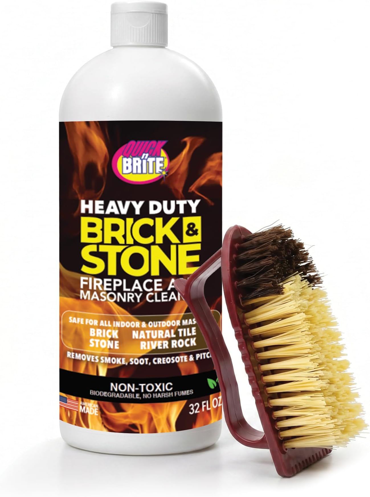 Quick'n Brite Fireplace Brick and Stone Cleaner 32oz with Scrub Brush - Natural Stone, Tile, and Marble Cleaner - Indoor Fireplace and Wood Stove Cleaning Kit - Pellet Stove Creosote Remover