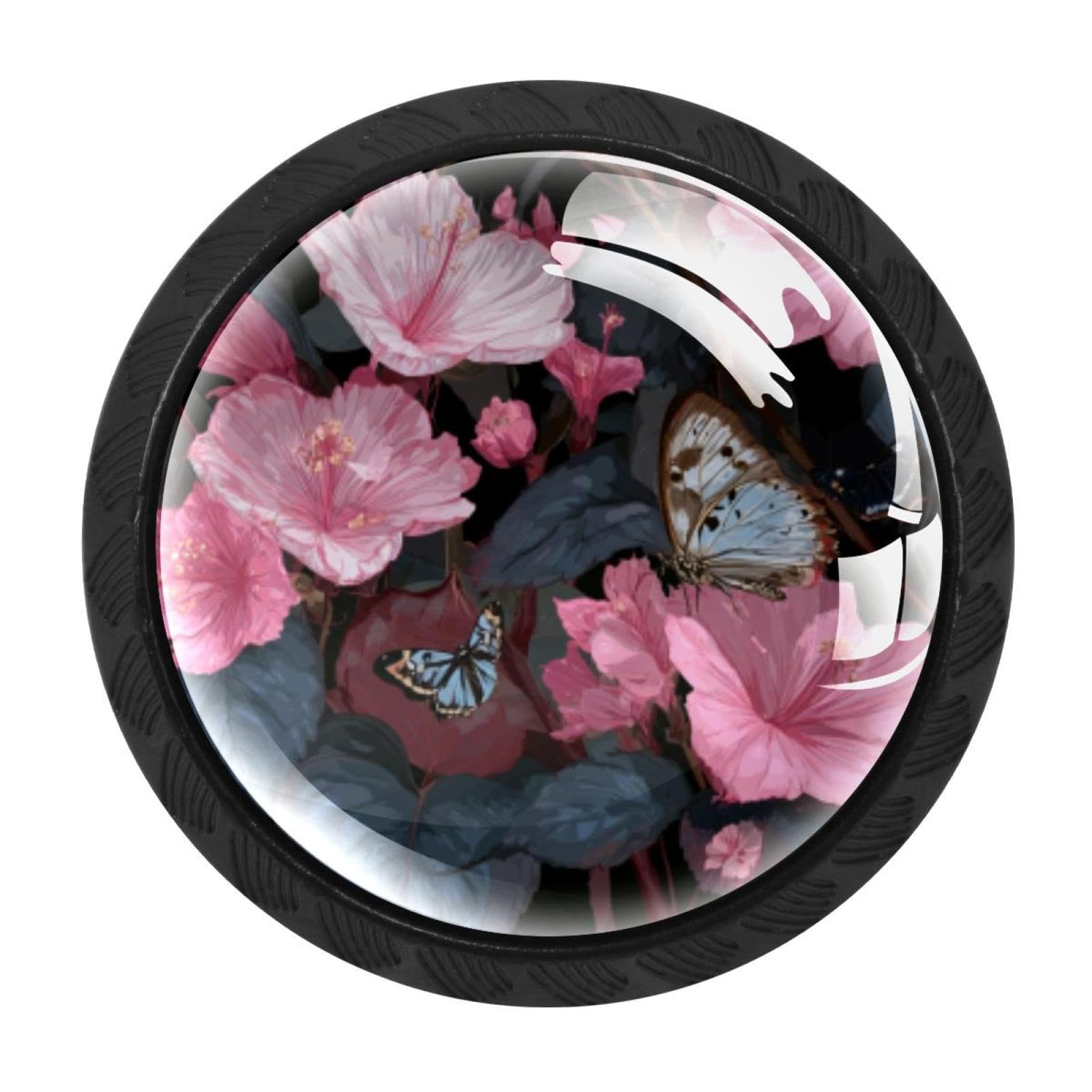 CHENZZZZ 4 Pack Black Pink Flowers Leaves and Butterflies Kitchen Handles, Cabinet Pulls Hardware for Cupboard Drawer Knobs Dresser Pulls