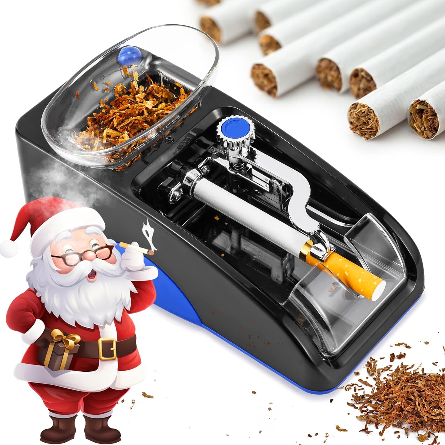 The NEWTRY WXX45 Automatic Electric Tobacco Injector ready for use, with tobacco in the hopper and an empty tube inserted.