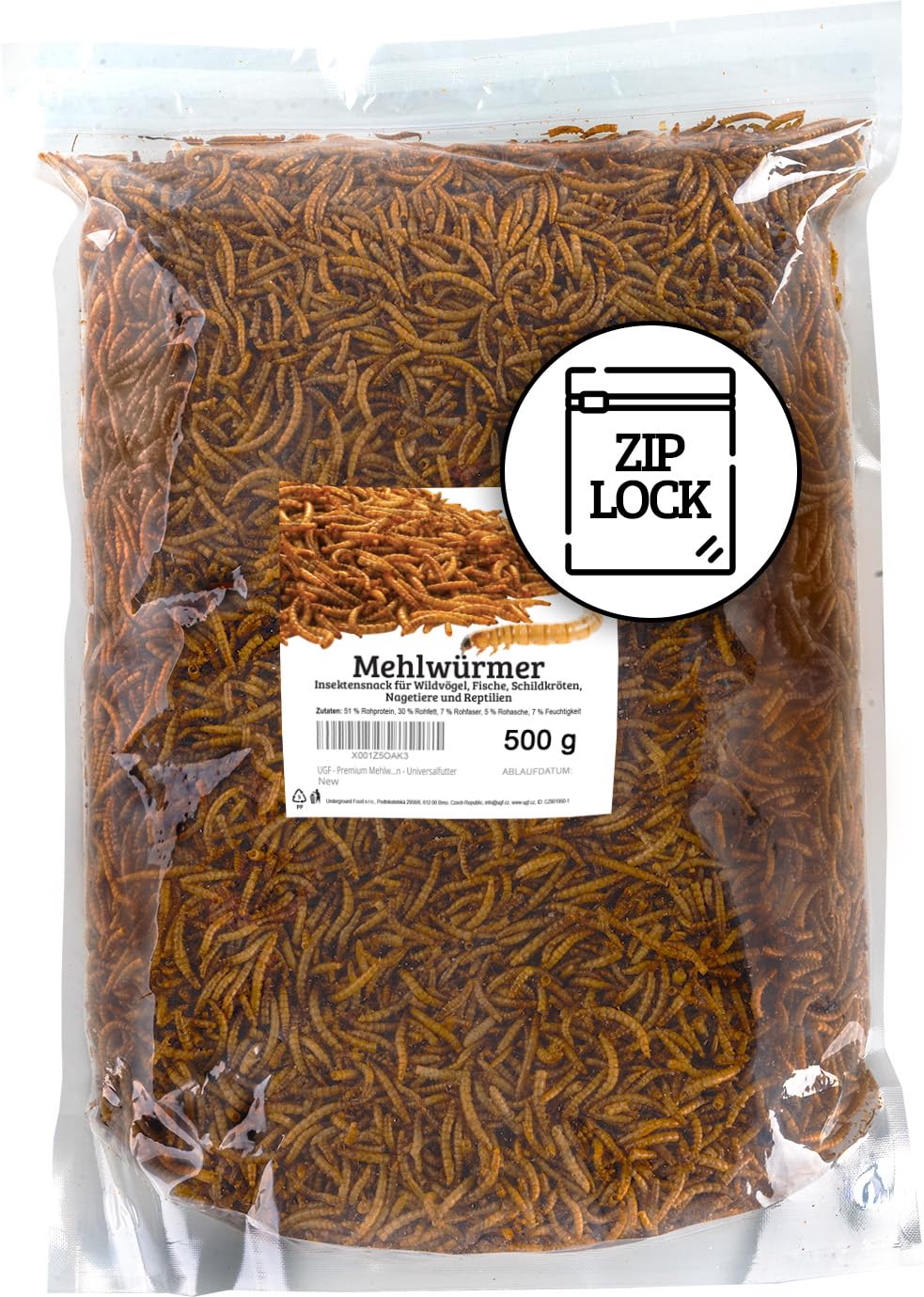 UGF - Premium Mehlwürmer 500g, Druckverschlussbeutel, Insektensnack für Vögel, Hamster, Igel, Nagetiere, Eidechsen, Schildkröten - Universalfutter