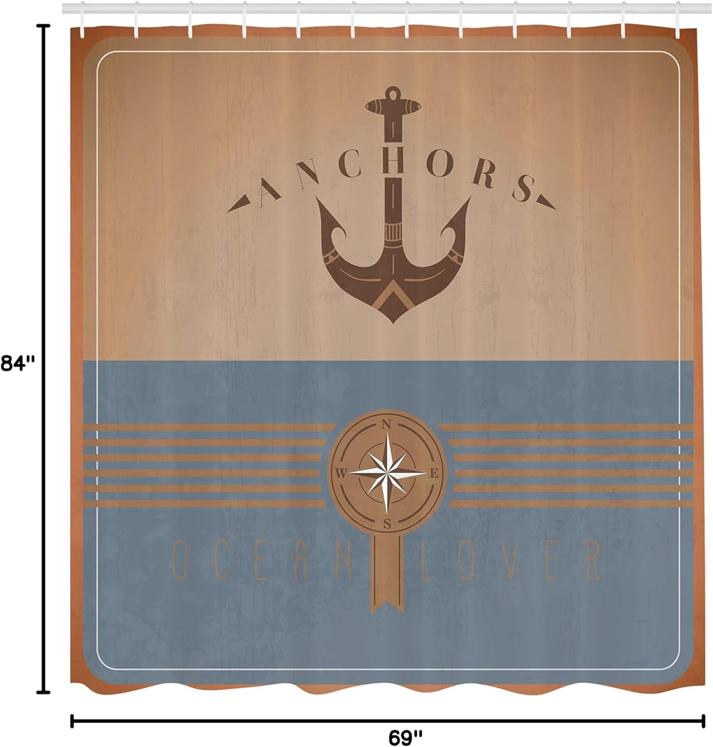 Ambesonne Nautical Shower Curtain, Vintage Marine Design for Ocean Lovers Anchor Compass and Stripes, Cloth Fabric Bathroom Decor Set with Hooks, 69" W x 84" L, Pale Brown