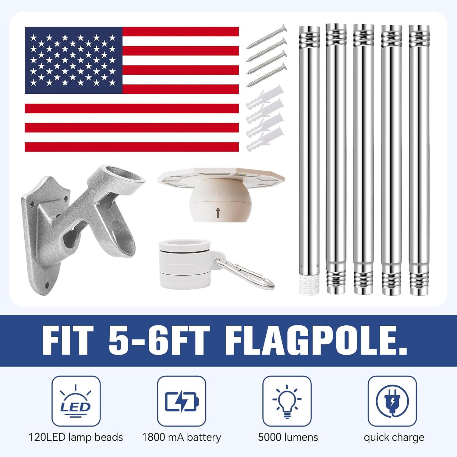5FT Flag Pole Kit with Solar Light and 3x5FT American Flag, Stainless Steel Flagpole with 120LED Solar Light Dusk to Dawn, Wall Mount with Adjustable Bracket for Outdoor Porch.