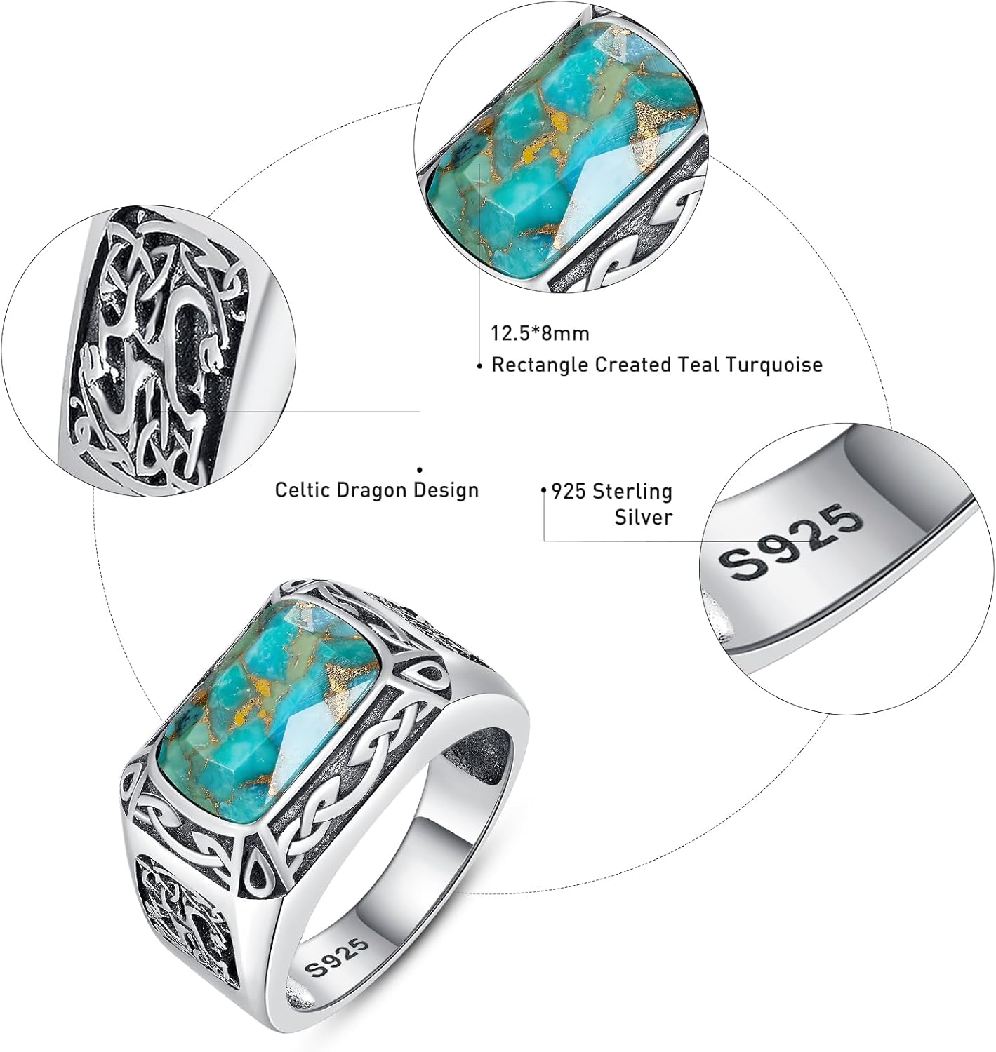 925 Sterling Silver Rings for Men, Teal Turquoise|Simulated Black Onyx Rings for Men Rings Bezel Setting Cross|Celtic Dragon|Greek Key Fashione Ring Jewelry Gift for Father Size 8-12 - Image 4