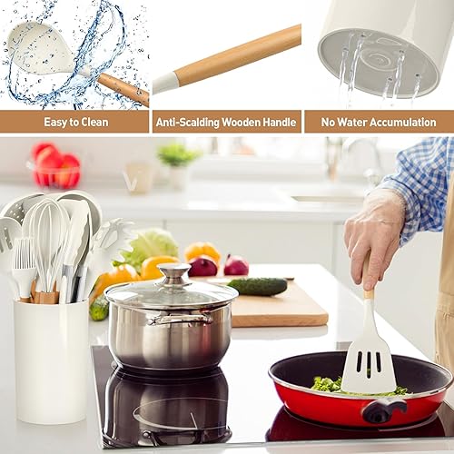 Miniatura 5 de LIANYU Juego de 15 utensilios de cocina de silicona con soporte, juego de utensilios de cocina antiadherentes, resistentes al calor y no tóxicos,