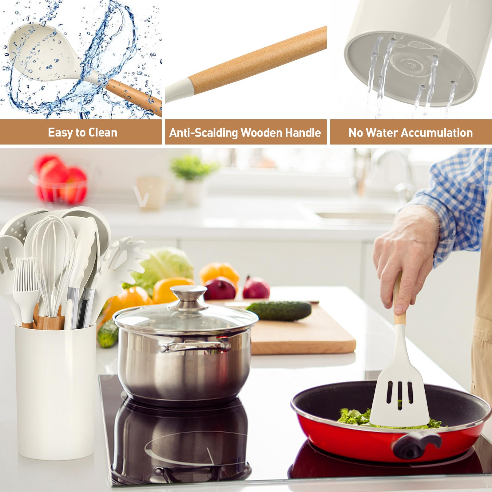 LIANYU Juego de 15 utensilios de cocina de silicona con soporte, resistentes al calor, para utensilios de cocina antiadherentes, juego de espátulas de cucharón no tóxicos con mango de madera, color