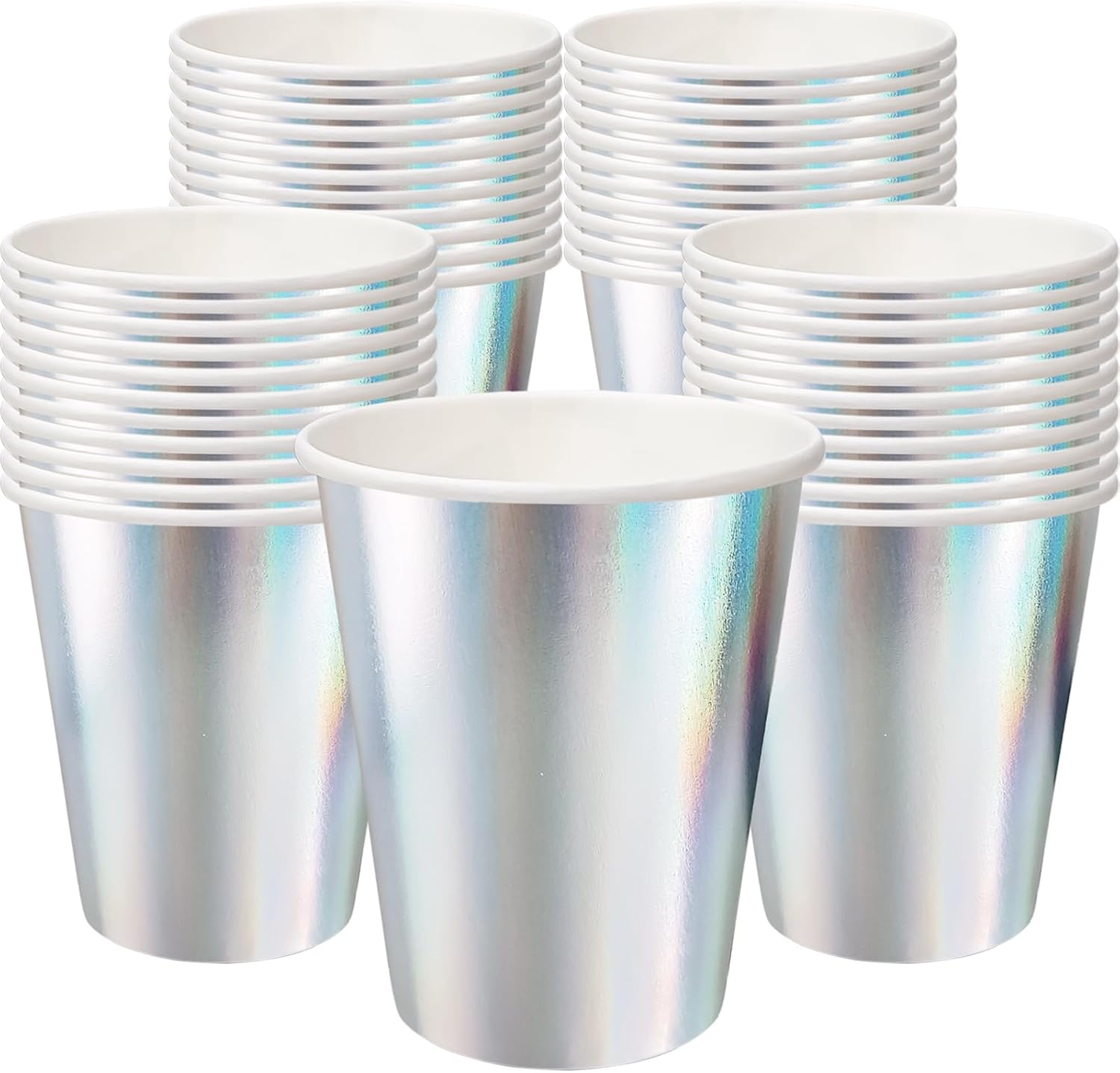 50 Pcs Iridescent Paper Cups Disco Party Cups Rainbow Silver Mermaid Unicorn Themed Birthday Party Supplies 9OZ