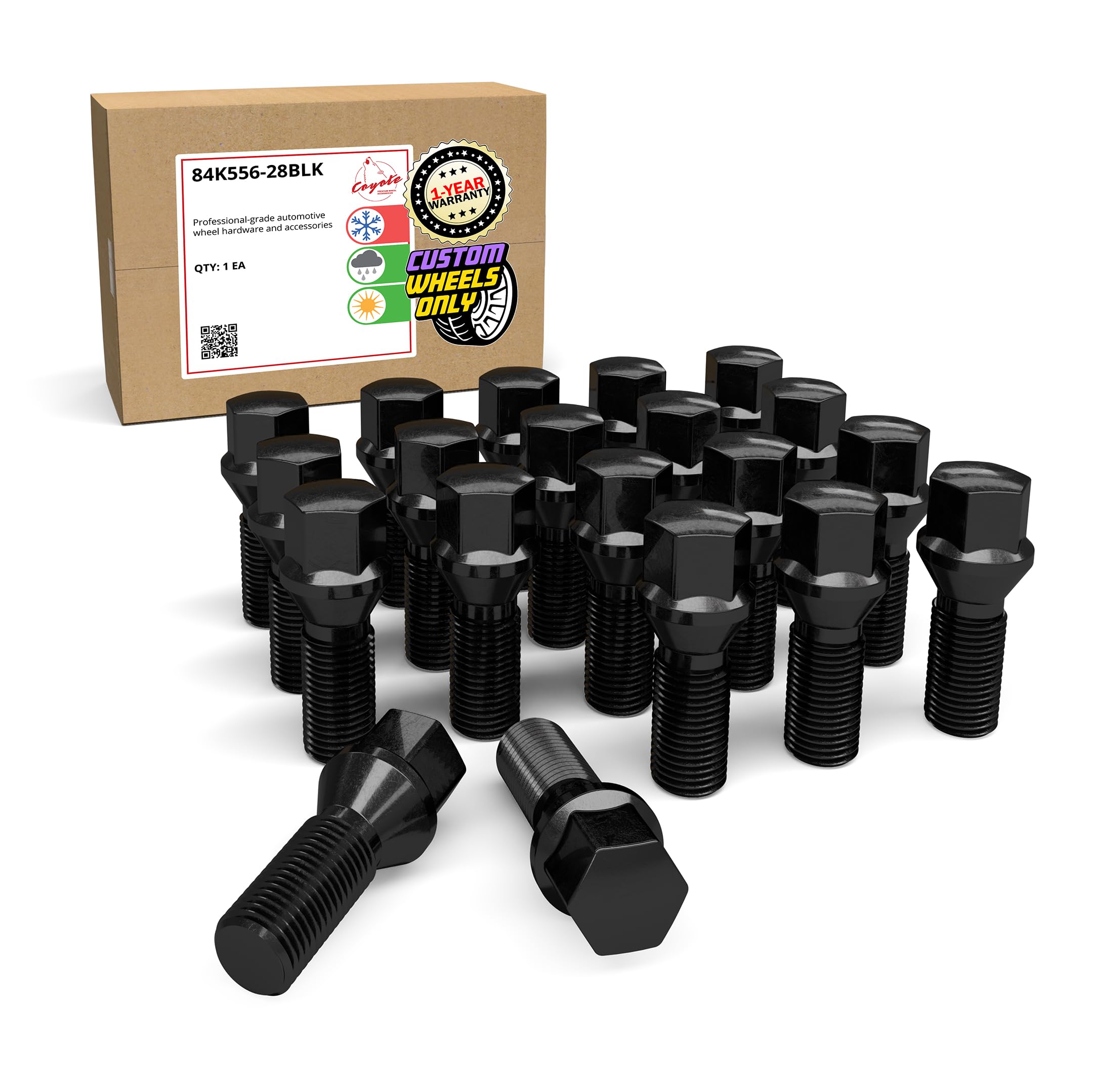 Wheel Accessories Parts 20 Pcs M14 x 1.50 Thread Acorn Seat Lug Bolt Black Finish 28mm Shank Length 17mm Hex fits Land Rover Range Rover ｜ Volvo S60 S90 XC40 XC60 XC70 XC90 ｜ Older BMW