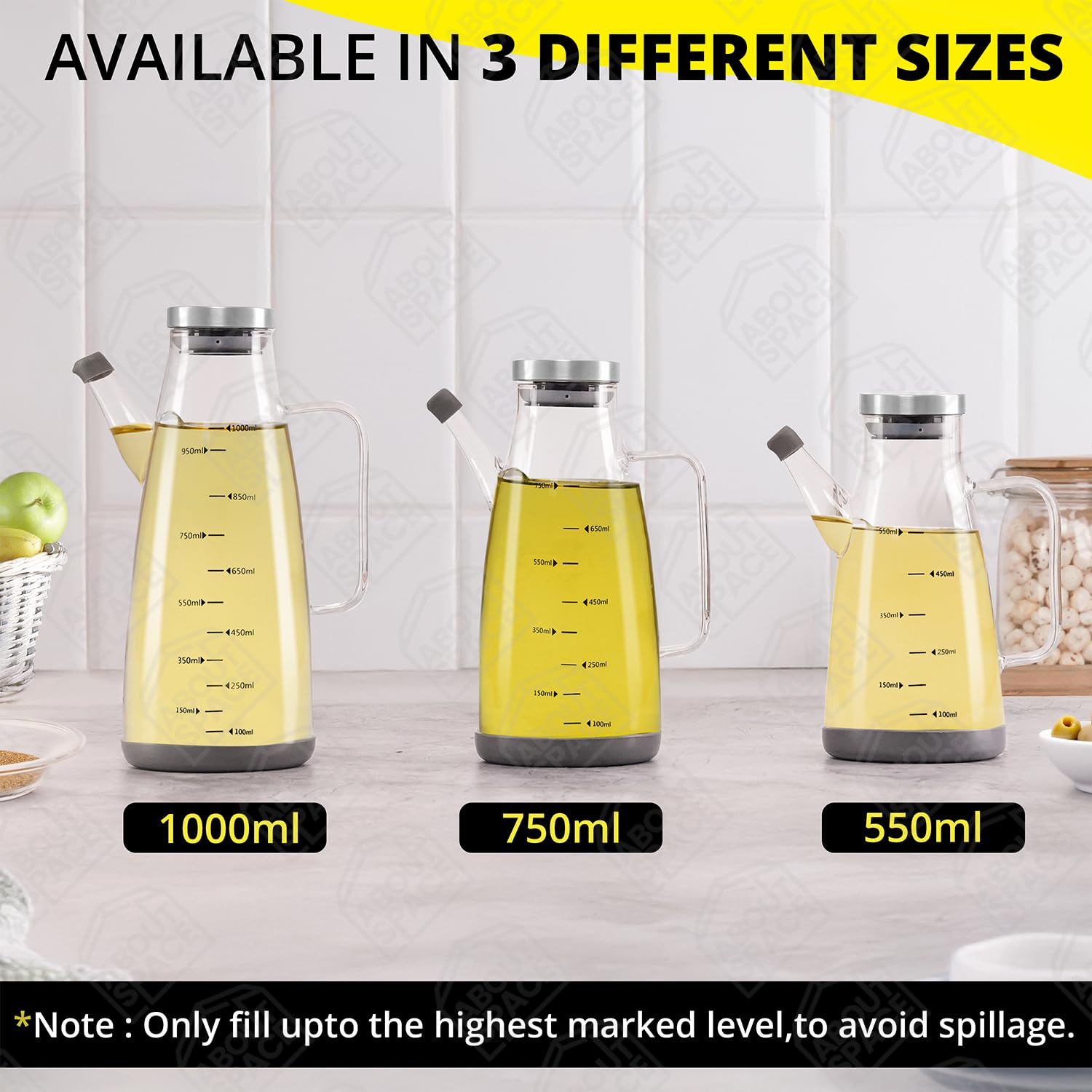 ABOUT SPACE Glass Oil Dispenser 1 Litre with Stainless Steel Cap, Silicone Base, Measurement, Drip-proof Hawk with Dust Cap, Leak-proof Oil Bottle for Kitchen, Upto 300°F Easy to Refill Oil Container - Image 9 thumbnail