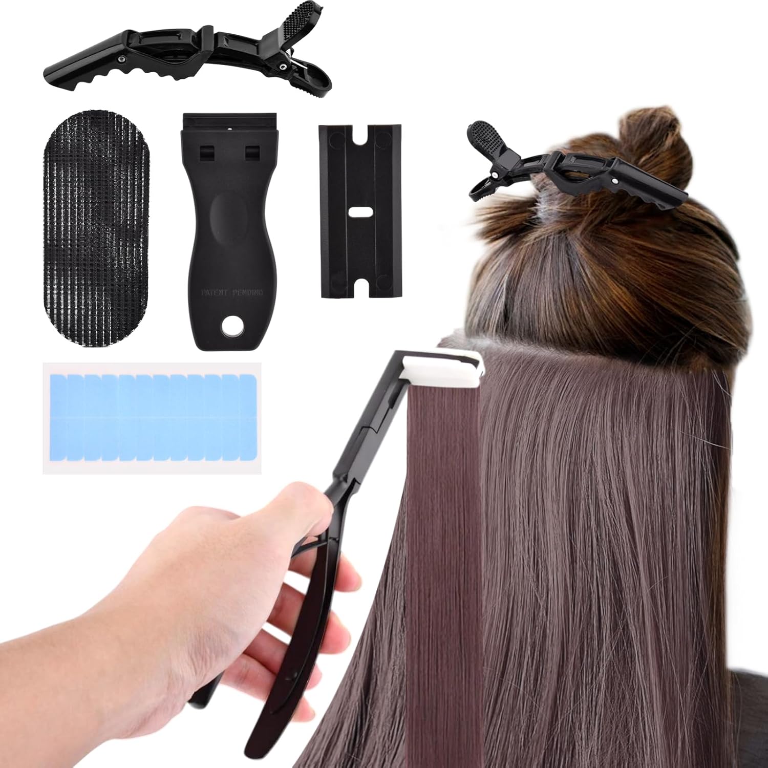 Tape in Hair Extension Tools Kit, Flat Surface Stainless Steel Plier, Remover Scraper, Clips, Hair Extension Tape, Styling Tools (Black)