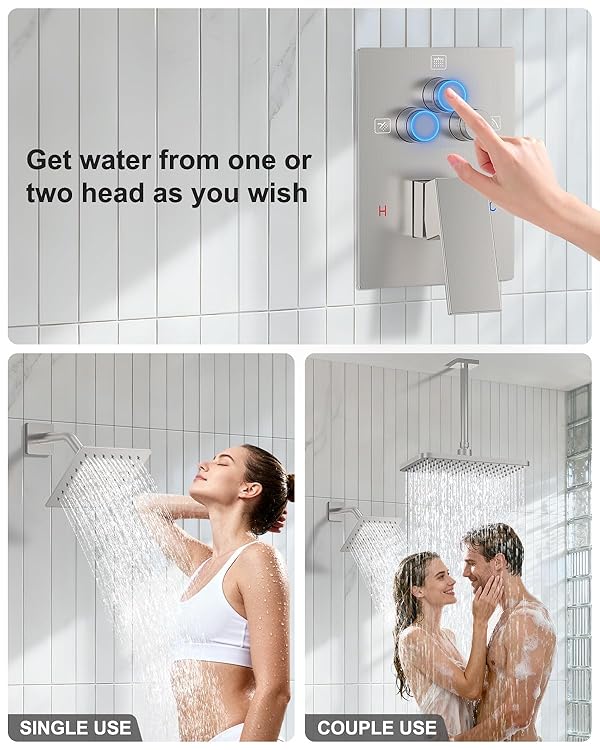 KOJOX Brushed Nickel Dual Shower Head System – 11" Ceiling Rainfall + 6" Wall Mount Heads, 6-Mode Handheld Spray, Push-Button Diverter Faucet Set by KOJOX - Image 3