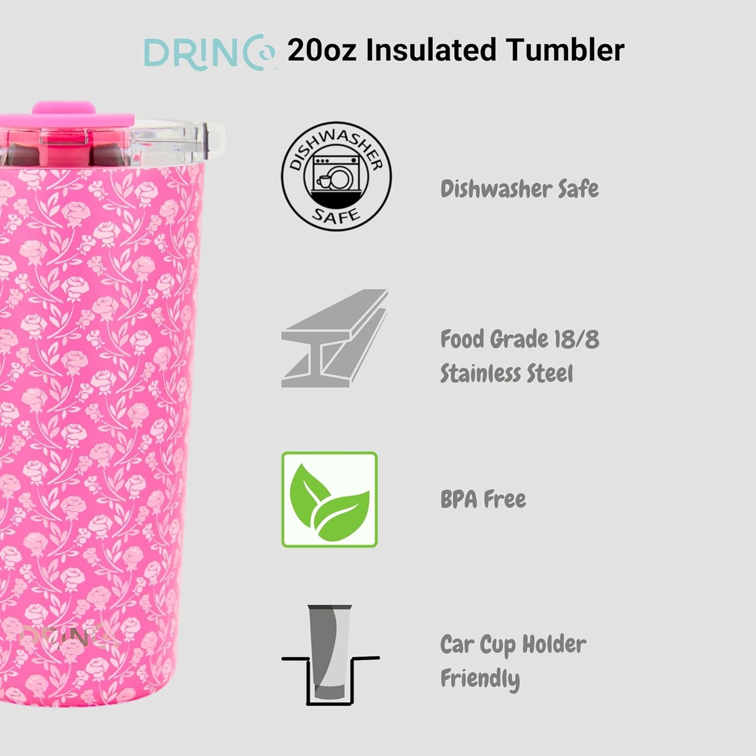 Drinco - 20 oz Stainless Steel Tumbler | Double Walled Vacuum Insulated Mug With Lid, 2 Straws, For Hot & Cold Drinks (20oz Pink Rose) - Image 5