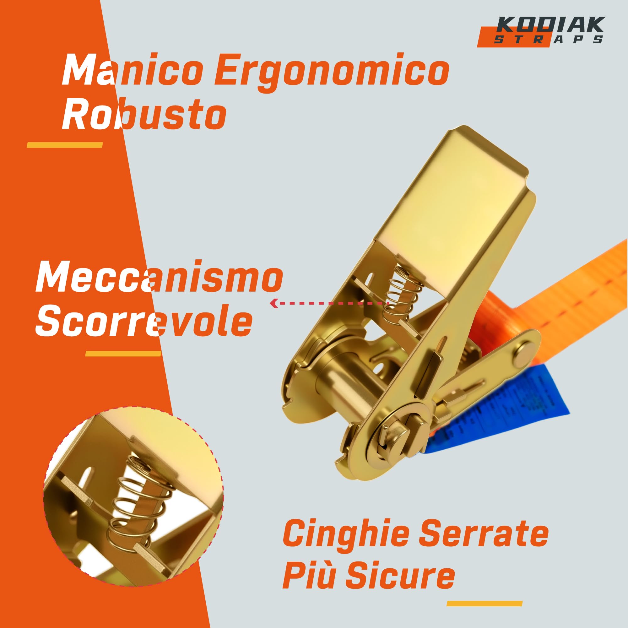 10 Cinghie di Tensione 4m x 1000kg con Chiusura a Cricchetto - Cinghie a Cricchetto da 25mm - Arancione - per Bagagli e Trasporto - Certificato TÜV/GS e secondo la Norma DIN EN 12195-2 - KODIAK STRAPS