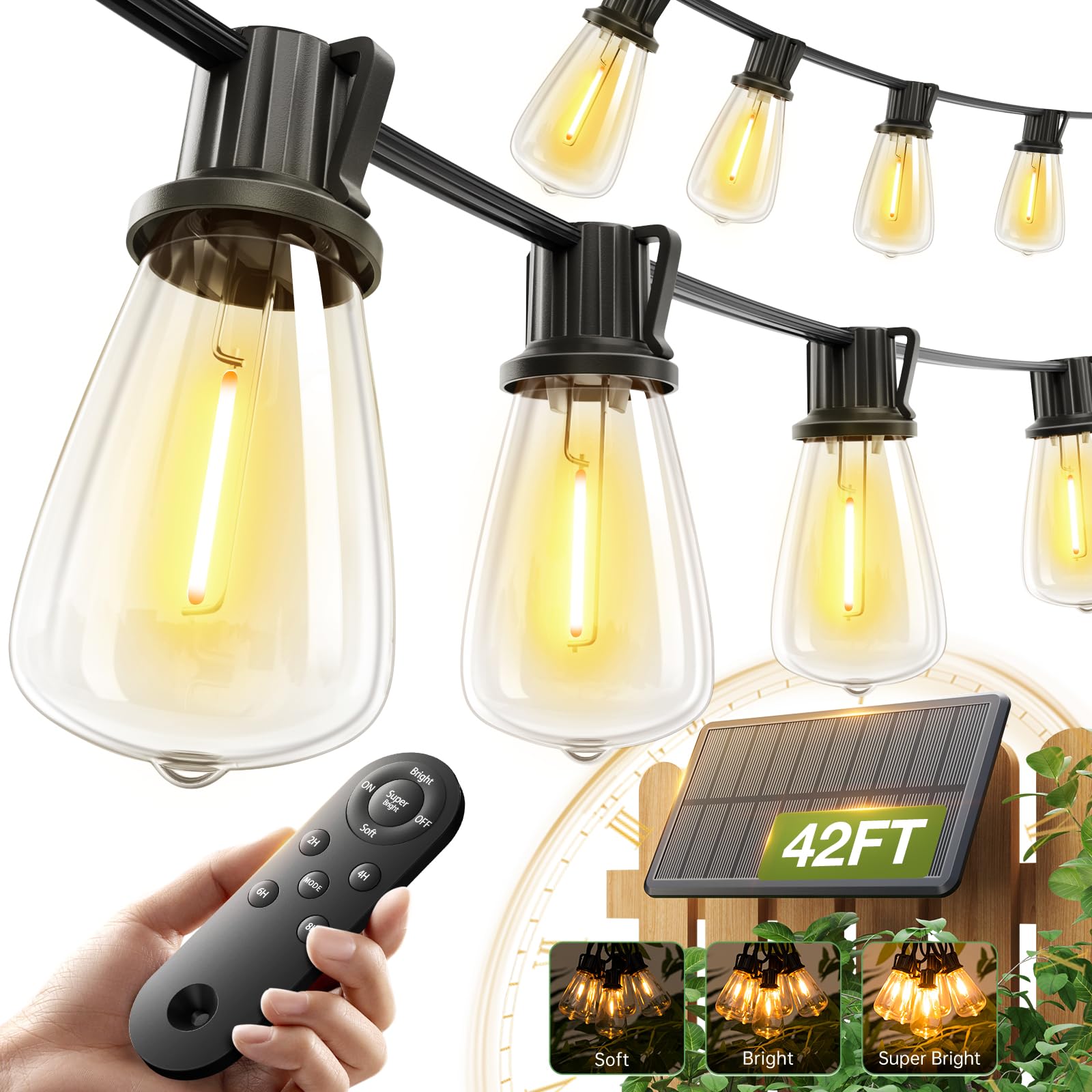 addlon 42FT(36+6) Solar Lights Outdoor Waterproof, String Lights Outdoor Solar power with Remote & USB Port 12+1 LED Shatterproof Bulbs 3 Light Modes,Dimmable &Timable Solar Light  image 4