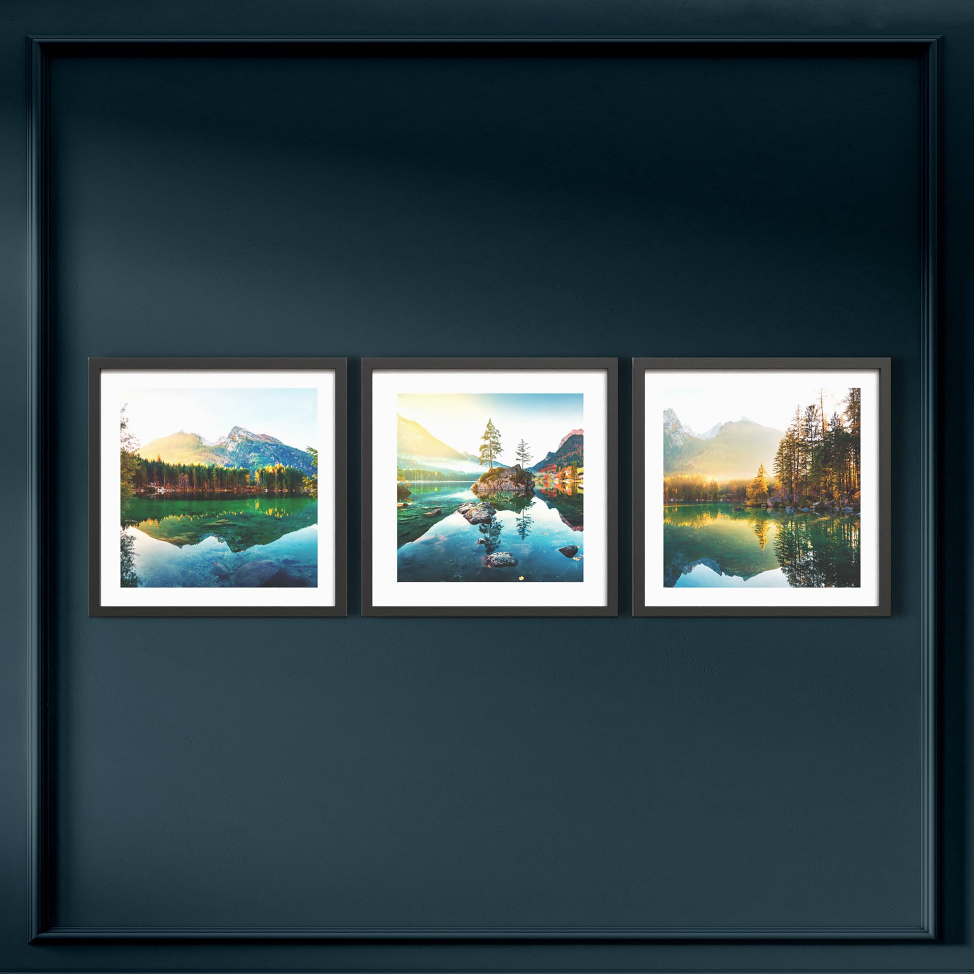 STYLER Bilder Set Landscape 3x 30x30 cm (AUFHÄNGFERTIG) mit hochwertigem schwarzem Rahmen - Natürliche Schönheit für Ihr Zuhause - Inspirierende Landschaften - Natur See Wald Berge