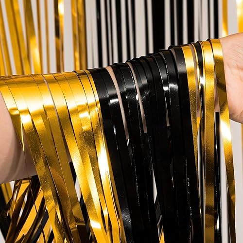 Miniatura 5 de BRAVESHINE Cortinas de flecos de papel de oropel de 3.2 x 8.2 pies, paquete de 2 cortinas de fondo metálico negro dorado para cabina de fotos para