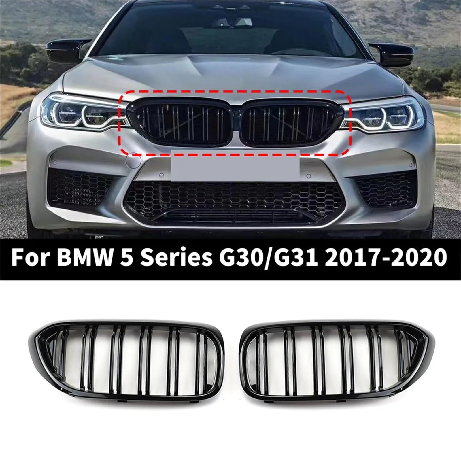 Przedni grill zderzaka pasuje do BMW serii 5 M5 G30 G31 520i 530i 540i ABS 2-Slat błyszczący czarny przedni grill nerkowy osłona chłodnicy