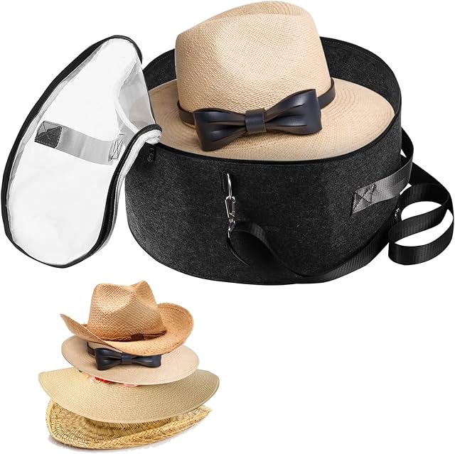 Ohiyoo Hat Boxes for Women & Men Storage Large Felt Hat Boxes Storage Round Foldable Hat Carrier Travel Cowboy Hat Storage Box Storage for Hats Toy Clothes with Lid, Dark Grey