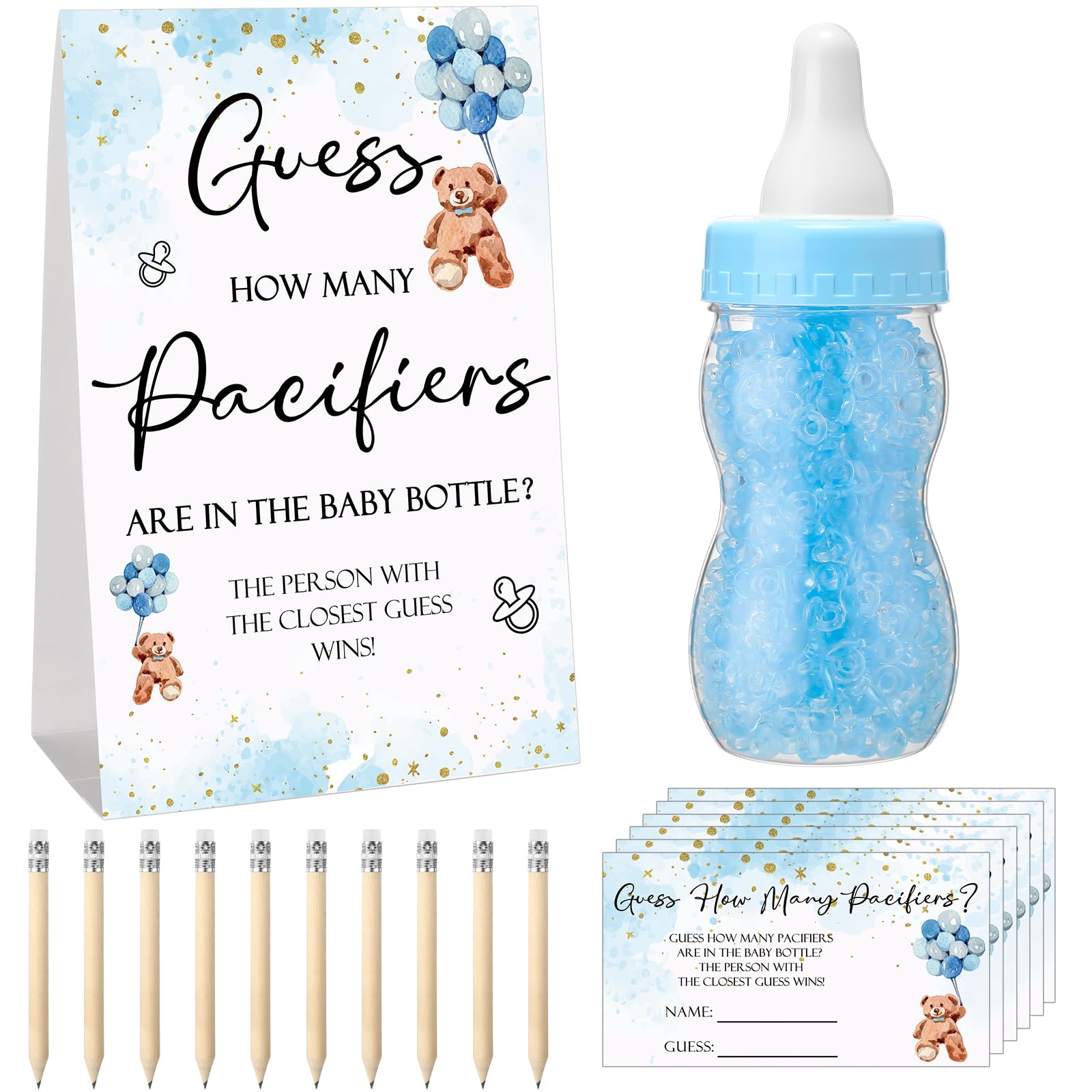 Roowest 512 Pcs Baby Shower Games Guess How Many Pacifiers Sign 100 Small Guessing Games 10 HB Pencils 750ml Milk Bottle 400 Acrylic Pacifiers