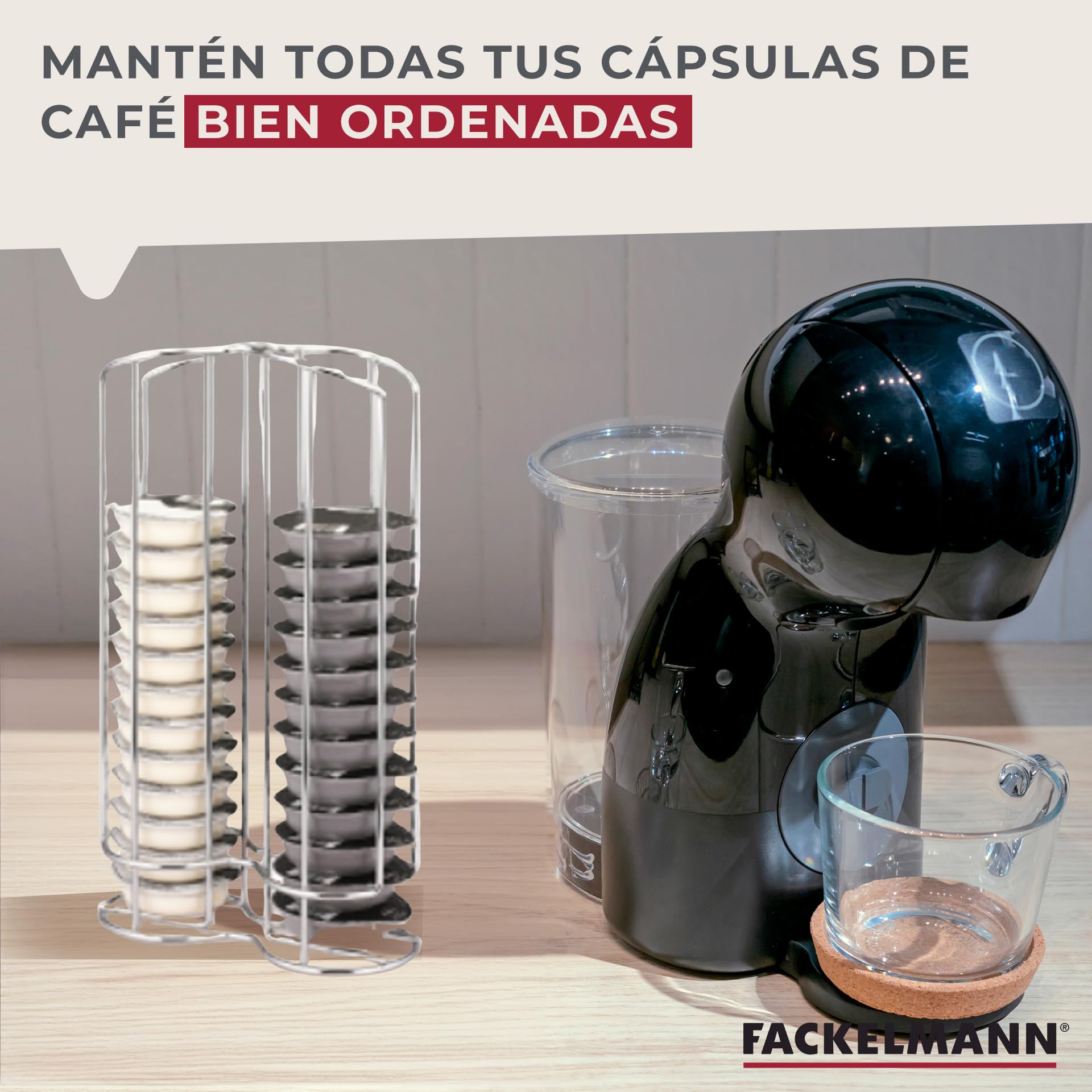 Fackelmann Soporte Porta Cápsulas Tassimo, Capacidad 32 Cápsulas de Café, Soporte de Acero Vertical para Cápsulas de Café, Organizador Cápsulas, 1 ud. 18x27 cm.