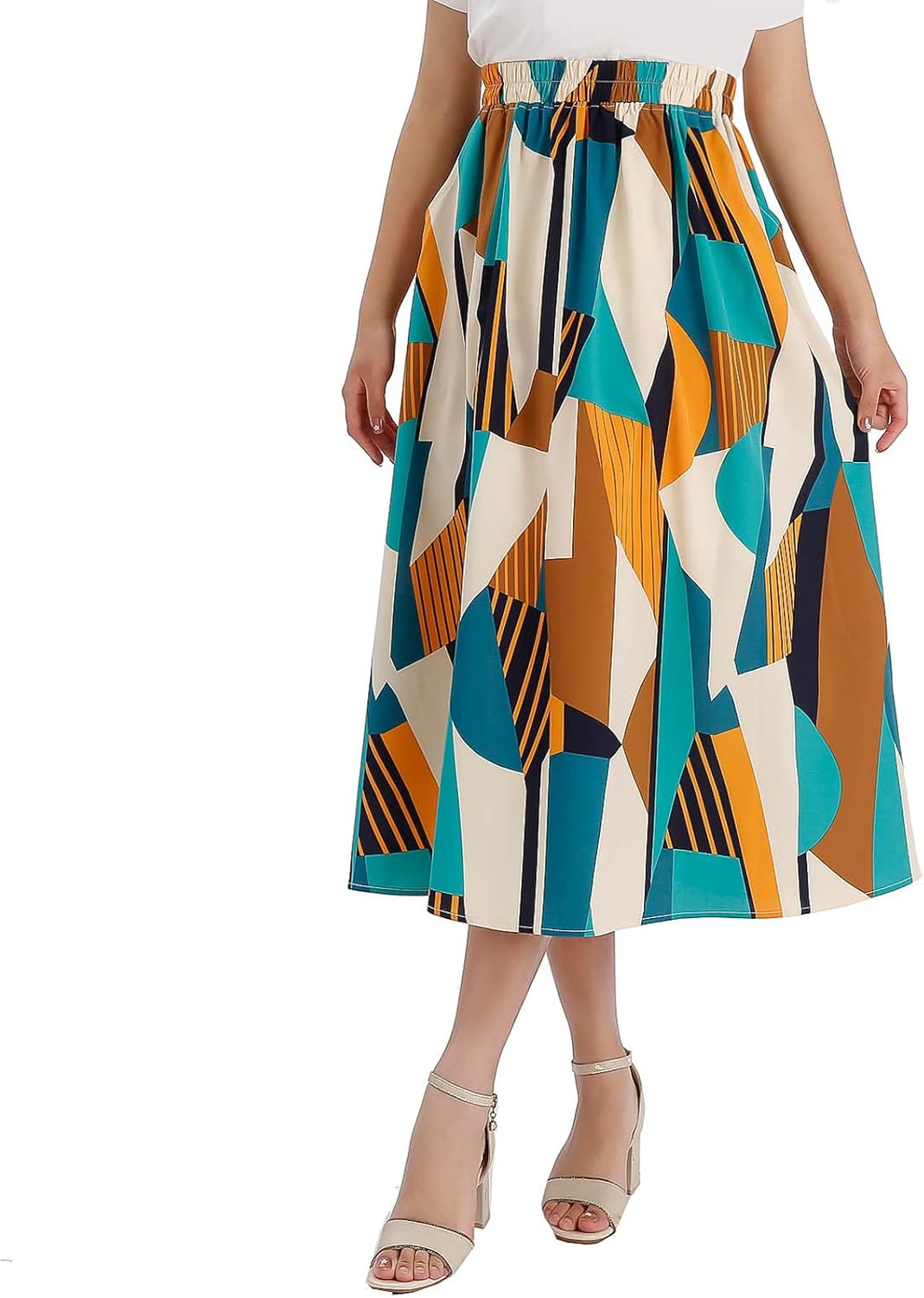 Women's Pocket Skirt Elastic Waist Spring Summer and Autumn Printed Casual High Waist Skirt