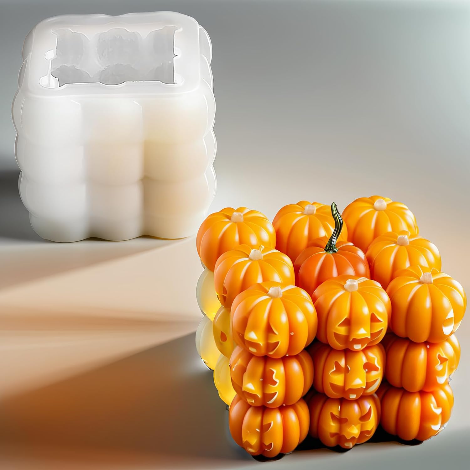 2Pack Halloween Candle Molds Pumpkin Candle Molds Skull Silicone Mold Cube Bubble Pumpkin Skull Silicone Mold 3D Halloween Resin Mould for DIY Epoxy Resin Casting Handmade Aromatherapy Candle Wax Soap