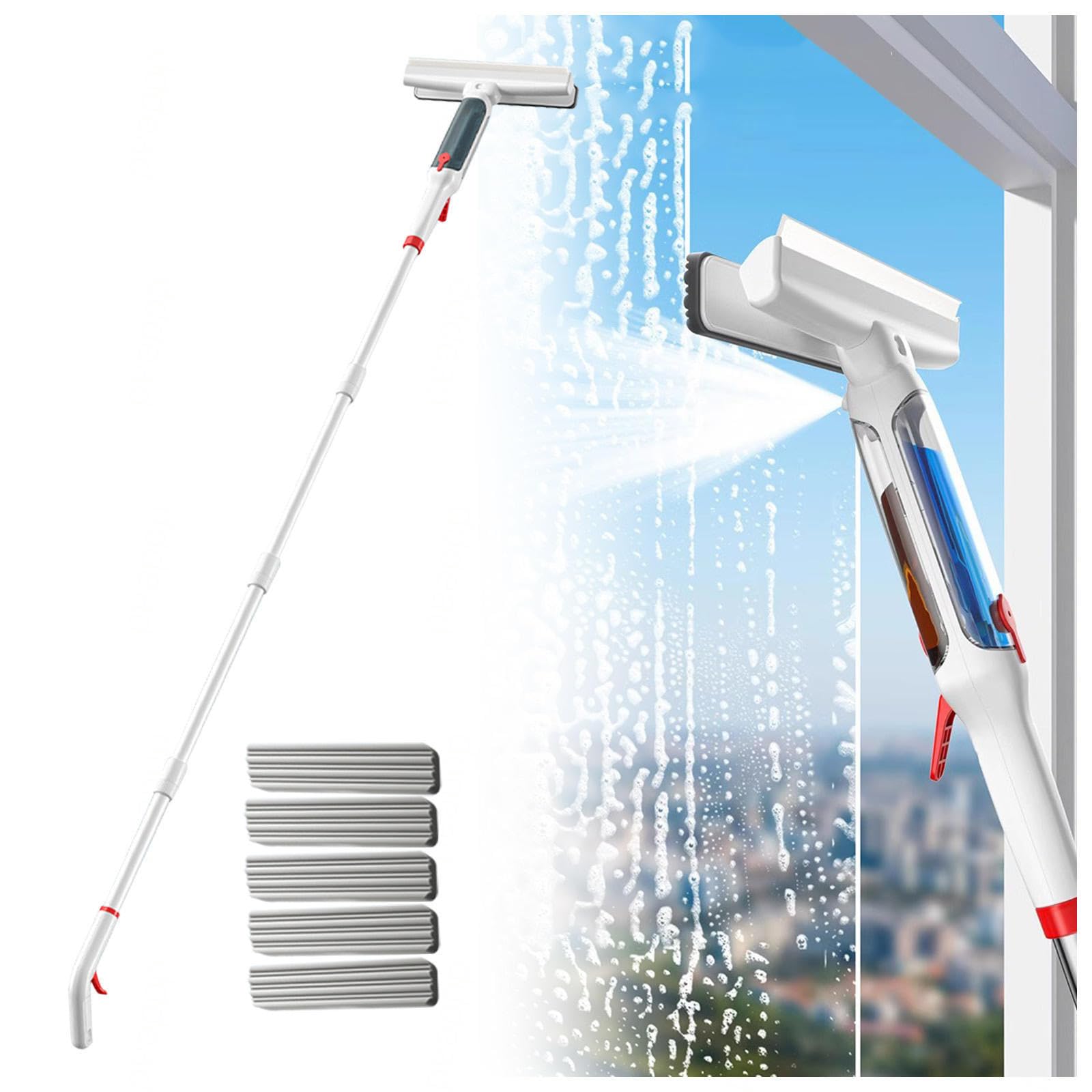 4 en 1 Spray Limpiador De Cristales con Varilla De Extensión, Limpiacristales con Colector De Aguas Residuales Y 5 Paños para Ventana De Coche De Ducha