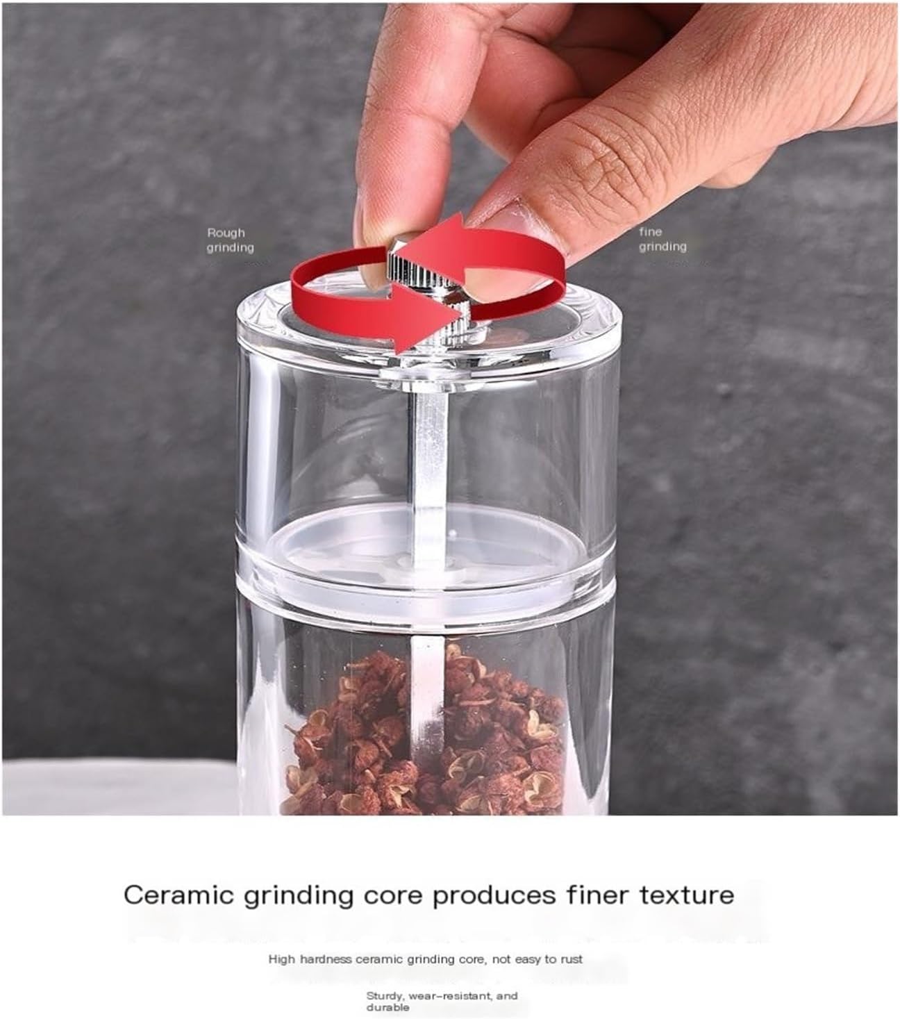 Pepper Grinder and Salt Mill Set, 8 Inch, Adjustable Coarseness, Clear Acrylic Manual Spice Grinder for Kitchen, BBQ, Sea Salt, Peppercorns