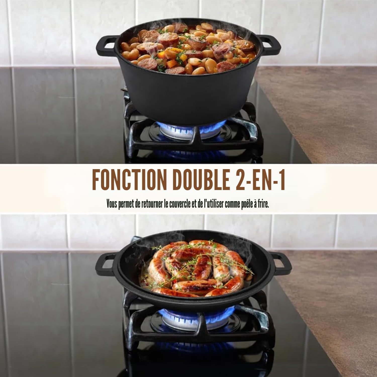 Cocotte en fonte de 4,7 litres (Kit de démarrage au levain avec panier de fermentation, lame et couvercle - Idéal pour la cuisson du pain) (Cuisine familiale, friture, braisage et barbecue)