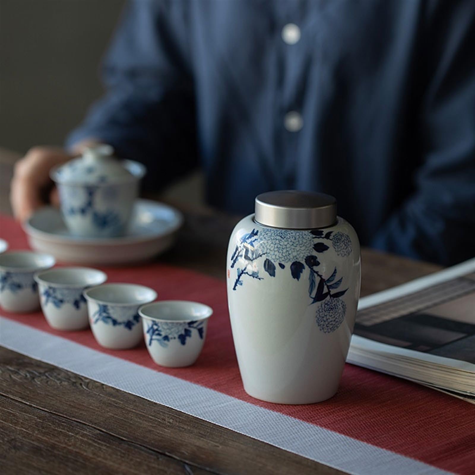 Tarro de Almacenamiento, Tarro de cerámica de Hortensia Pintado a Mano para Almacenamiento de té, Tapa de Aluminio, Tarro con Sello de Marea, Bote de té de cerámica para el ho
