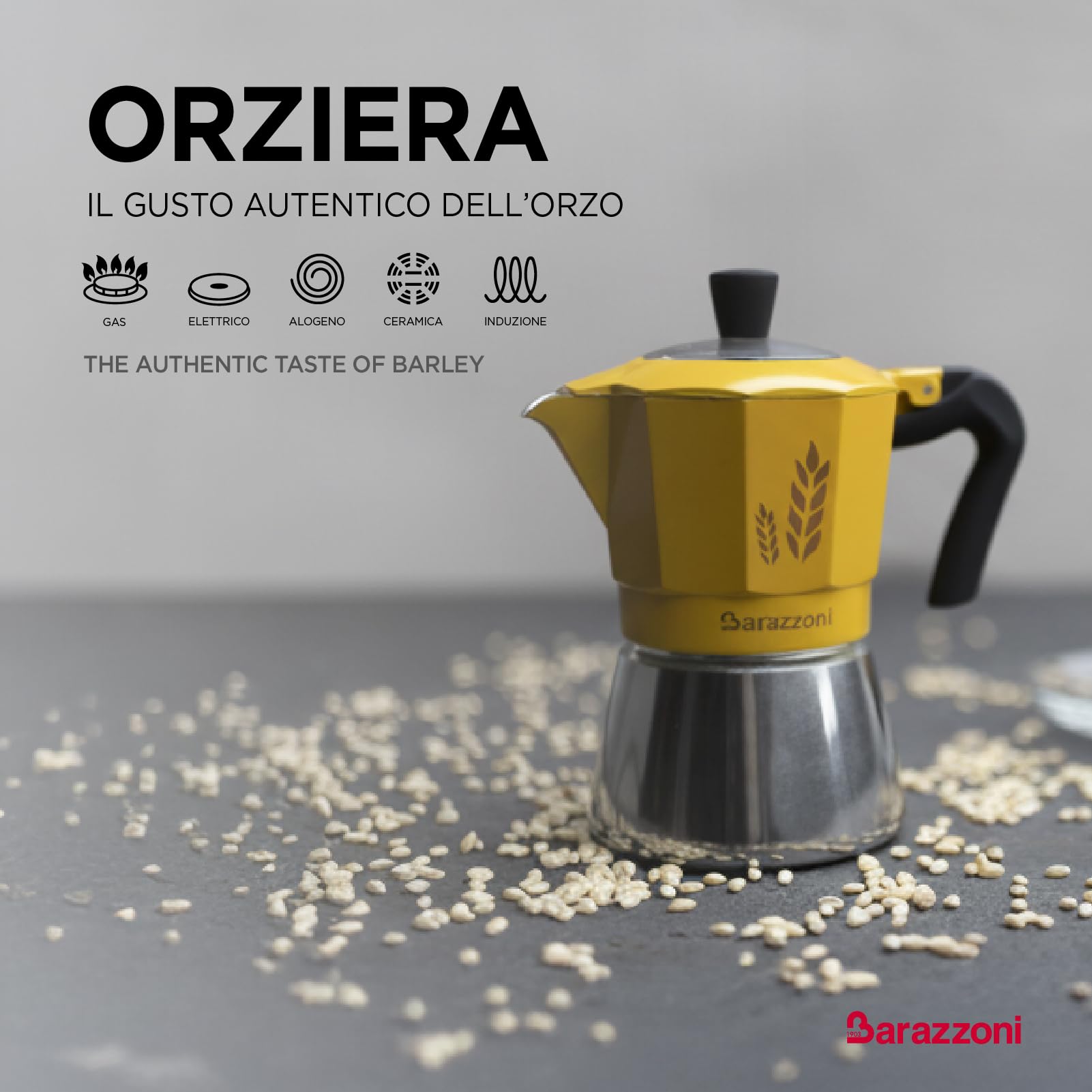 Orziera 2 Tazze, Caldaia bimetallo: acciaio esterno+ alluminio interno per un ottimo caffè d'orzo, Certificata AICAF Accademia Italiana Maestri del Caffè, Gas