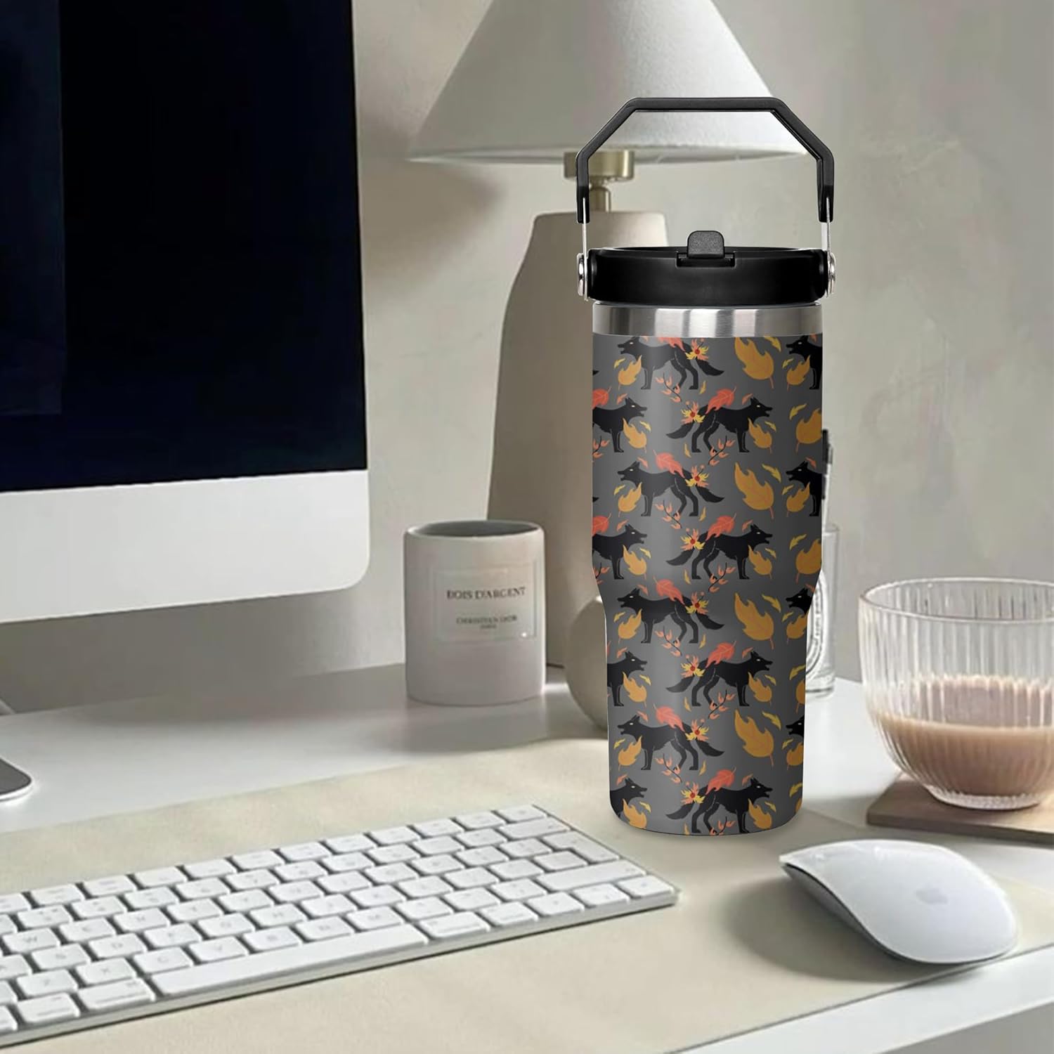 30oz Wolf Tumbler with Handle and Flip Straw, Stainless Steel Insulated Cup, Travel Coffee Mug Water Bottle, Birthday Mothers Day Chritmas Gifts for Women Animal Lovers - Image 7