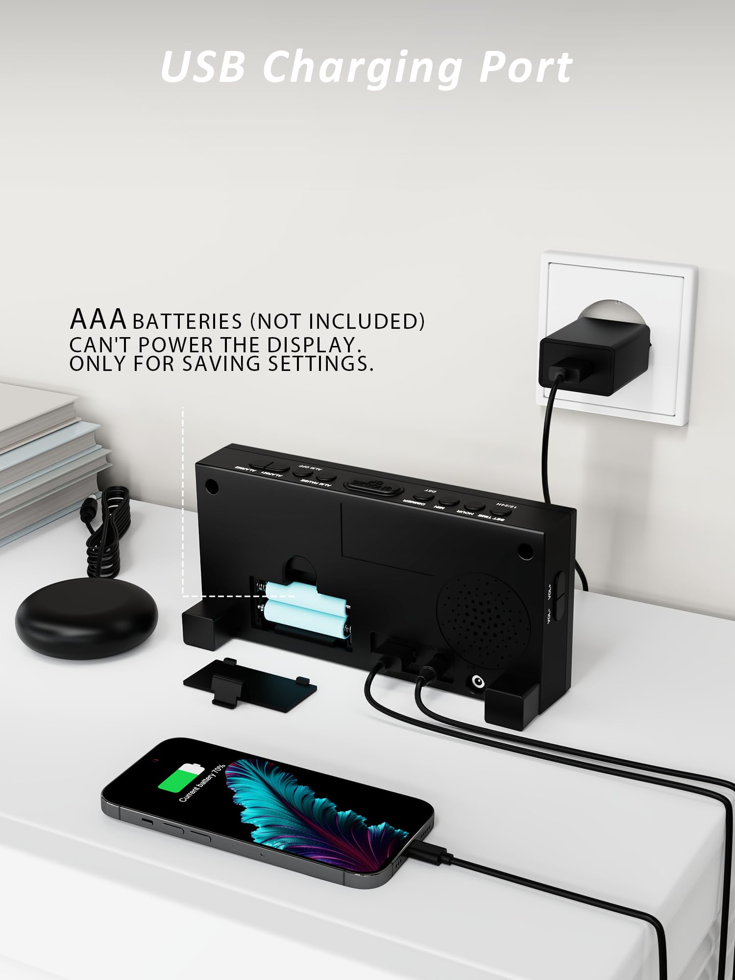 Sveglia A Vibrazione Per Non Udenti, Con Problemi Di Udito, Che Dormono Pesantemente, Vecchio, Sveglia Digitale, Doppio Allarme, Porta Usb, Ampio Display Luminoso, Snooze/Posticipa, 12/24 Ore Dst