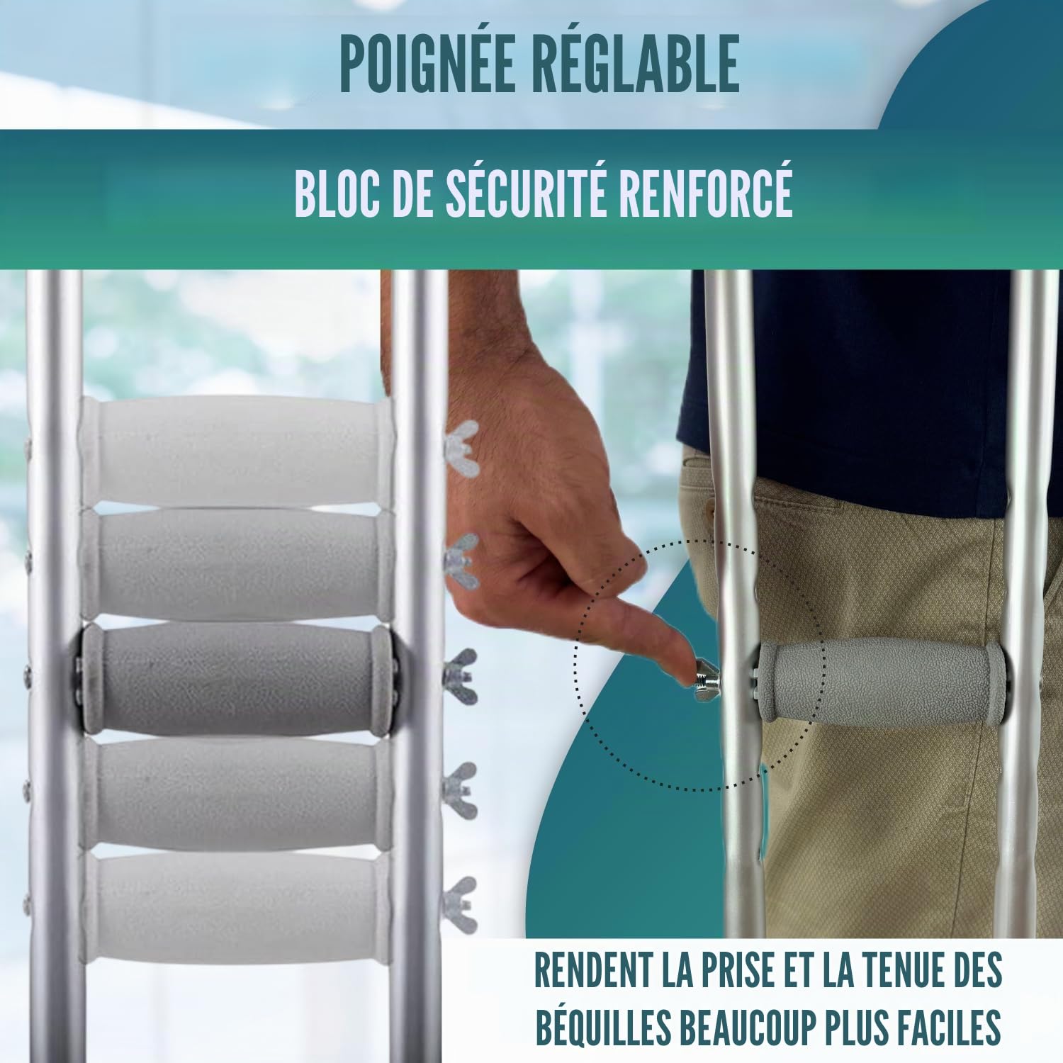 OrtoPrime Béquilles Médicales Adultes x2 – Béquille Médicale Réglable en Aluminium Léger – Canne Anglaise Confortable pour Femme & Homme – Béquilles Orthopédiques Sécurisées